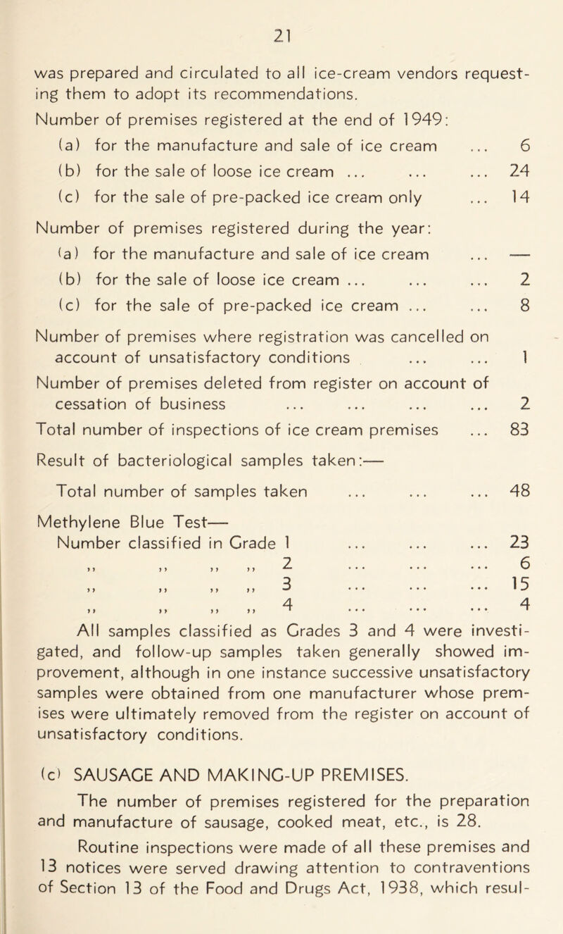 was prepared and circulated to all ice-cream vendors request- ing them to adopt its recommendations. Number of premises registered at the end of 1949: (a) for the manufacture and sale of ice cream ... 6 (b) for the sale of loose ice cream ... ... ... 24 (c) for the sale of pre-packed ice cream only ... 14 Number of premises registered during the year: (a) for the manufacture and sale of ice cream ... -— (b) for the sale of loose ice cream ... ... ... 2 (c) for the sale of pre-packed ice cream ... ... 8 Number of premises where registration was cancelled on account of unsatisfactory conditions ... ... 1 Number of premises deleted from register on account of cessation of business ... ... ... ... 2 Total number of inspections of ice cream premises ... 83 Result of bacteriological samples taken:— Total number of samples taken 48 Methylene Blue Test- Number classified in Grade 1 23 6 15 4 All samples classified as Grades 3 and 4 were investi- gated, and follow-up samples taken generally showed im- provement, although in one instance successive unsatisfactory samples were obtained from one manufacturer whose prem- ises were ultimately removed from the register on account of unsatisfactory conditions. (c> SAUSAGE AND MAKING-UP PREMISES. The number of premises registered for the preparation and manufacture of sausage, cooked meat, etc., is 28. Routine inspections were made of all these premises and 13 notices were served drawing attention to contraventions of Section 13 of the Food and Drugs Act, 1938, which resul-