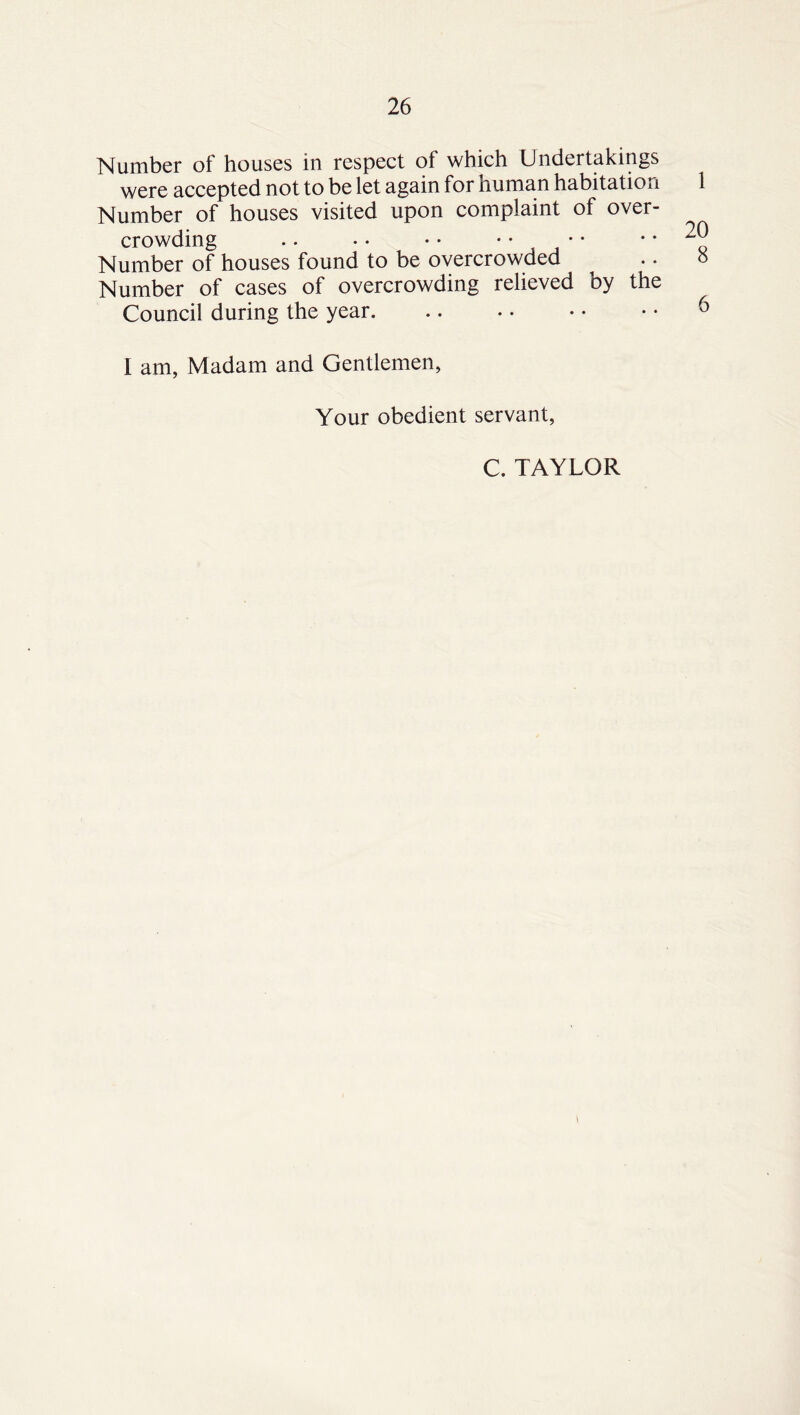 Number of houses in respect ol which Undertakings were accepted not to be let again for human habitation 1 Number of houses visited upon complaint of over- crowding • * * * ^0 Number of houses found to be overcrowded ^ .. o Number of cases of overcrowding relieved by the Council during the year. I am, Madam and Gentlemen, Your obedient servant, C. TAYLOR