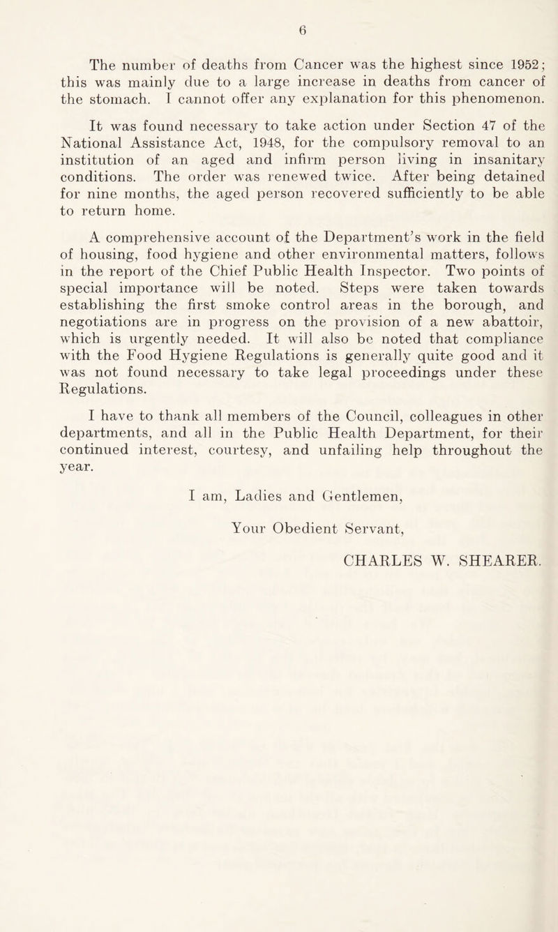 The number of deaths from Cancer was the highest since 1952; this was mainly due to a large increase in deaths from cancer of the stomach. 1 cannot offer any explanation for this phenomenon. It was found necessary to take action under Section 47 of the National Assistance Act, 1948, for the compulsory removal to an institution of an aged and infirm person living in insanitary conditions. The order was renewed twice. After being detained for nine months, the aged person recovered sufficiently to be able to return home. A comprehensive account of the Department’s work in the field of housing, food hygiene and other environmental matters, follows in the report of the Chief Public Health Inspector. Two points of special importance will be noted. Steps were taken towards establishing the first smoke control areas in the borough, and negotiations are in progress on the provision of a new abattoir, which is urgently needed. It will also be noted that compliance with the Food Hygiene Regulations is generally quite good and it was not found necessary to take legal proceedings under these Regulations. I have to thank all members of the Council, colleagues in other departments, and all in the Public Health Department, for their continued interest, courtesy, and unfailing help throughout the year. I am, Ladies and Gentlemen, Your Obedient Servant, CHARLES W. SHEARER.