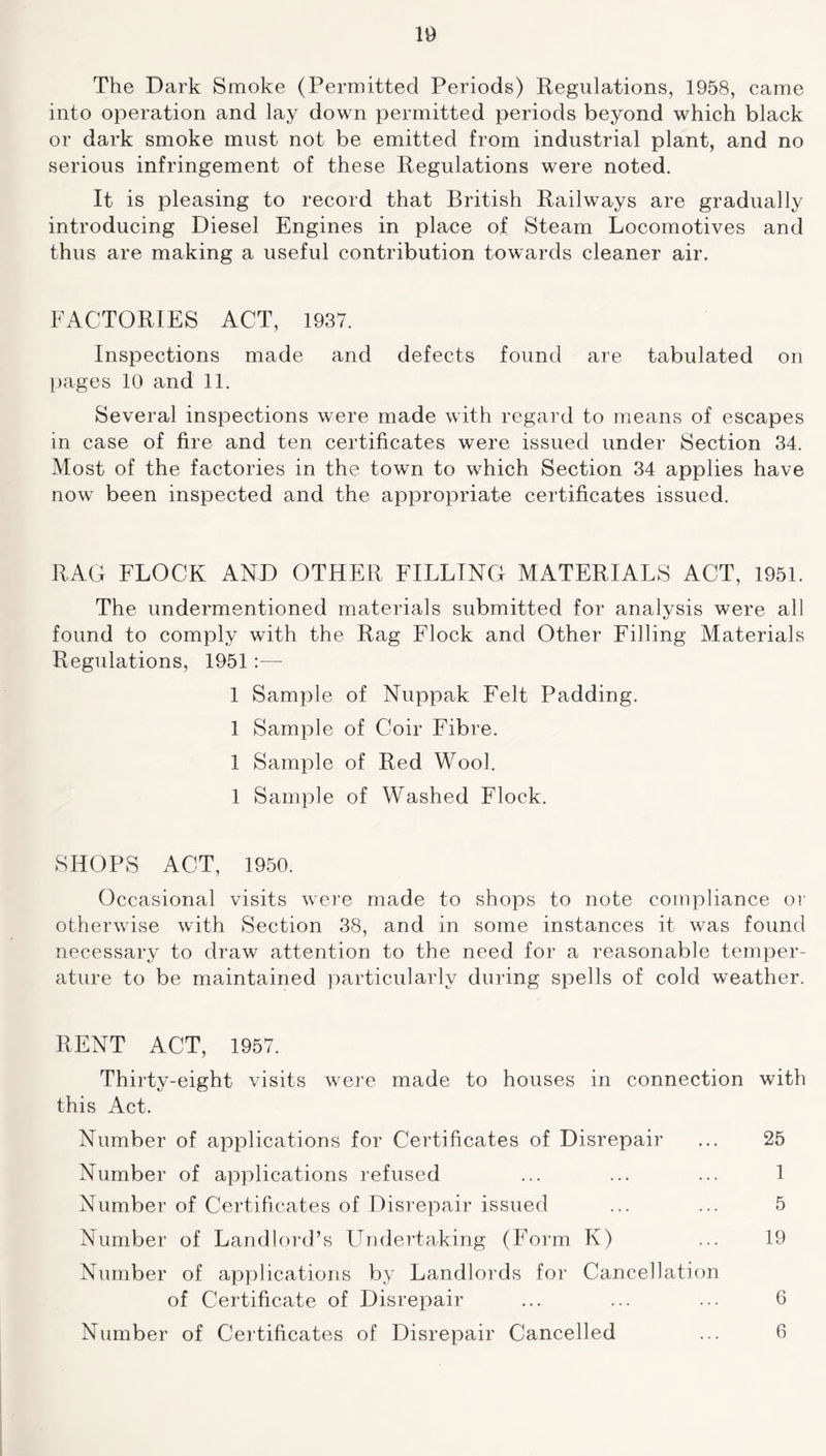 10 The Dark Smoke (Permitted Periods) Regulations, 1958, came into operation and lay down permitted periods beyond which black or dark smoke must not be emitted from industrial plant, and no serious infringement of these Regulations were noted. It is pleasing to record that British Railways are gradually introducing Diesel Engines in place of Steam Locomotives and thus are making a useful contribution towards cleaner air. FACTORIES ACT, 1937. Inspections made and defects found are tabulated on pages 10 and 11. Several inspections were made with regard to means of escapes in case of fire and ten certificates were issued under Section 34. Most of the factories in the town to which Section 34 applies have now been inspected and the appropriate certificates issued. RAG FLOCK AND OTHER FILLING MATERIALS ACT, 1951. The undermentioned materials submitted for analysis were all found to comply with the Rag Flock and Other Filling Materials Regulations, 1951:— 1 Sample of Nuppak Felt Padding. 1 Sample of Coir Fibre. 1 Sample of Red Wool. 1 Sample of Washed Flock. SHOPS ACT, 1950. Occasional visits were made to shops to note compliance or otherwise with Section 38, and in some instances it was found necessary to draw attention to the need for a reasonable temper- ature to be maintained particularly during spells of cold weather. RENT ACT, 1957. Thirty-eight visits were made to houses in connection with this x\ct. Number of applications for Certificates of Disrepair ... 25 Number of applications refused ... ... ... 1 Number of Certificates of Disrepair issued ... ... 5 Number of Landlord’s Undertaking (Form K) ... 19 Number of applications by Landlords for Cancellation of Certificate of Disrepair ... ... ... 6