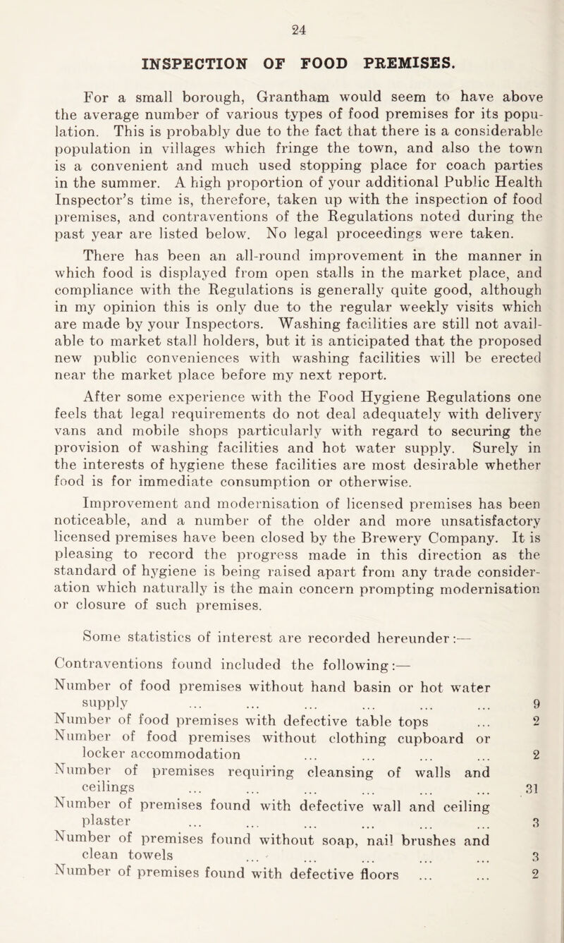 INSPECTION OF FOOD PREMISES. For a small borough, Grantham would seem to have above the average number of various types of food premises for its popu- lation. This is probably due to the fact that there is a considerable population in villages which fringe the town, and also the town is a convenient and much used stopping place for coach parties in the summer. A high proportion of your additional Public Health Inspector’s time is, therefore, taken up with the inspection of food premises, and contraventions of the Regulations noted during the past year are listed below. No legal proceedings were taken. There has been an all-round improvement in the manner in which food is displayed from open stalls in the market place, and compliance with the Regulations is generally quite good, although in my opinion this is only due to the regular weekly visits which are made by your Inspectors. Washing facilities are still not avail- able to market stall holders, but it is anticipated that the proposed new public conveniences with washing facilities will be erected near the market place before my next report. After some experience with the Food Hygiene Regulations one feels that legal requirements do not deal adequately with delivery vans and mobile shops particularly with regard to securing the provision of washing facilities and hot water supply. Surely in the interests of hygiene these facilities are most desirable whether food is for immediate consumption or otherwise. Improvement and modernisation of licensed premises has been noticeable, and a number of the older and more unsatisfactory licensed premises have been closed by the Brewery Company. It is pleasing to record the progress made in this direction as the standard of hygiene is being raised apart from any trade consider- ation which naturally is the main concern prompting modernisation or closure of such premises. Some statistics of interest are recorded hereunder Contraventions found included the following:— Number of food premises without hand basin or hot water supply ... ... ... ... ... ... 9 Number of food premises with defective table tops ... 2 Number of food premises without clothing cupboard or locker accommodation ... ... ... ... 2 Number of premises requiring cleansing of walls and ceilings ... ... ... ... ... ... 31 IN umber of premises found with defective wall and ceiling plaster ... ... ... ... 3 Number of premises found without soap, nail brushes and clean towels ... ... ... 3 Number of premises found with defective floors ... ... 2