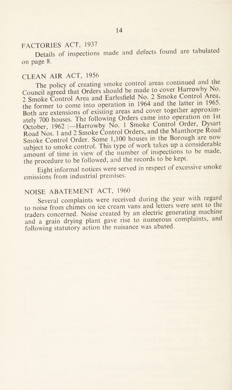 FACTORIES ACT, 1937 Details of inspections made and defects found are tabulated on page 8. CLEAN AIR ACT, 1956 The policy of creating smoke control areas continued and the Council agreed that Orders should be made to cover Harrowby No. 2 Smoke Control Area and Earlesfield No. 2 Smoke Control Area, the former to come into operation in 1964 and the latter m 1965. Both are extensions of existing areas and cover together approxim- atelv 700 houses. The following Orders came into operation on 1st October 1962 :—Harrowby No. 1 Smoke Control Order, E>ysart Road Nos 1 and 2 Smoke Control Orders, and the Manthorpe Roau Smoke Control Order. Some 1,100 houses in the Borough are now subject to smoke control. This type of work takes up a considerable amount of time in view of the number ot inspections to be made, the procedure to be followed, and the records to be kept. Eight informal notices were served in respect of excessive smoke emissions from industrial premises. NOISE ABATEMENT ACT, 1960 Several complaints were received during the year with regard to noise from chimes on ice cream vans and letters were sent to the traders concerned. Noise created by an electric generating machine and a grain drying plant gave rise to numerous complaints, and following statutory action the nuisance was abated.