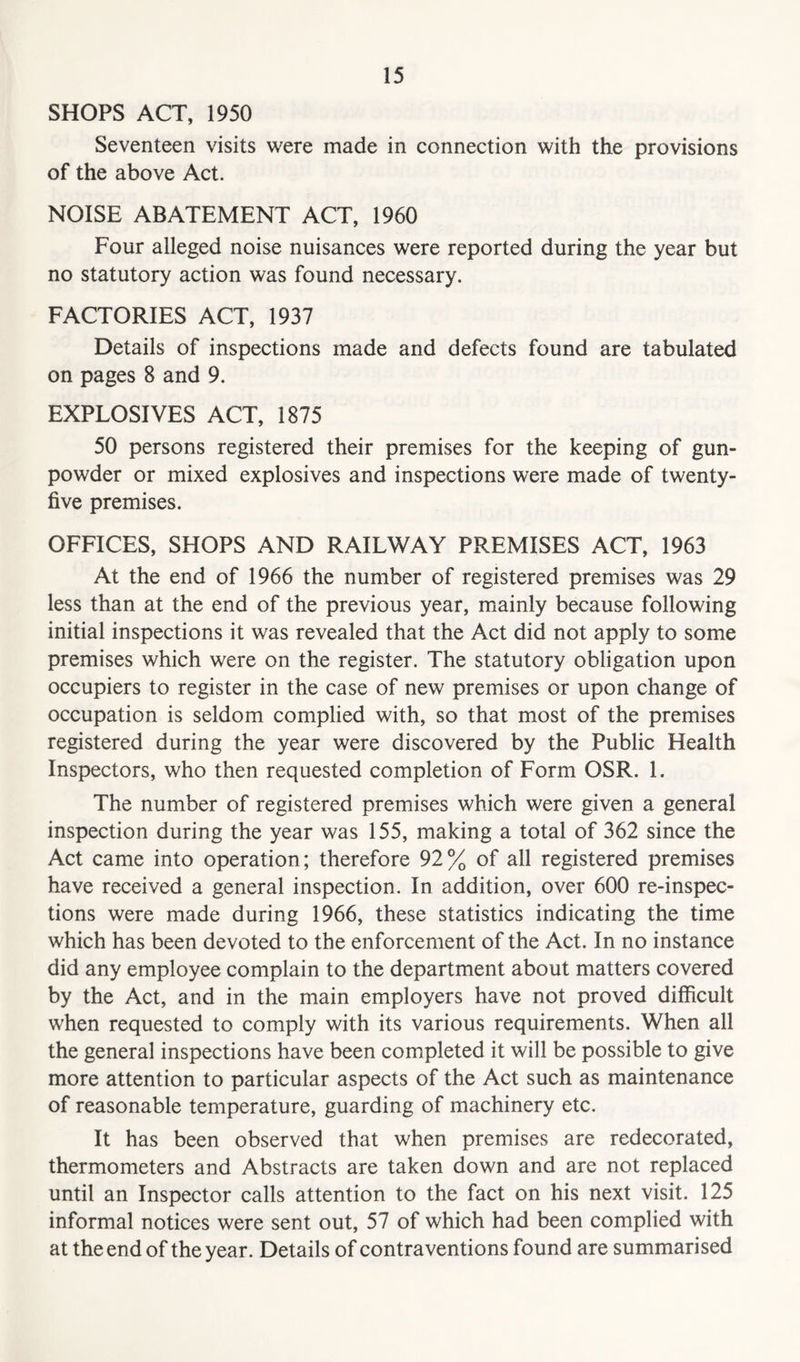 SHOPS ACT, 1950 Seventeen visits were made in connection with the provisions of the above Act. NOISE ABATEMENT ACT, 1960 Four alleged noise nuisances were reported during the year but no statutory action was found necessary. FACTORIES ACT, 1937 Details of inspections made and defects found are tabulated on pages 8 and 9. EXPLOSIVES ACT, 1875 50 persons registered their premises for the keeping of gun- powder or mixed explosives and inspections were made of twenty- five premises. OFFICES, SHOPS AND RAILWAY PREMISES ACT, 1963 At the end of 1966 the number of registered premises was 29 less than at the end of the previous year, mainly because following initial inspections it was revealed that the Act did not apply to some premises which were on the register. The statutory obligation upon occupiers to register in the case of new premises or upon change of occupation is seldom complied with, so that most of the premises registered during the year were discovered by the Public Health Inspectors, who then requested completion of Form OSR. 1. The number of registered premises which were given a general inspection during the year was 155, making a total of 362 since the Act came into operation; therefore 92% of all registered premises have received a general inspection. In addition, over 600 re-inspec- tions were made during 1966, these statistics indicating the time which has been devoted to the enforcement of the Act. In no instance did any employee complain to the department about matters covered by the Act, and in the main employers have not proved difficult when requested to comply with its various requirements. When all the general inspections have been completed it will be possible to give more attention to particular aspects of the Act such as maintenance of reasonable temperature, guarding of machinery etc. It has been observed that when premises are redecorated, thermometers and Abstracts are taken down and are not replaced until an Inspector calls attention to the fact on his next visit. 125 informal notices were sent out, 57 of which had been complied with at the end of the year. Details of contraventions found are summarised