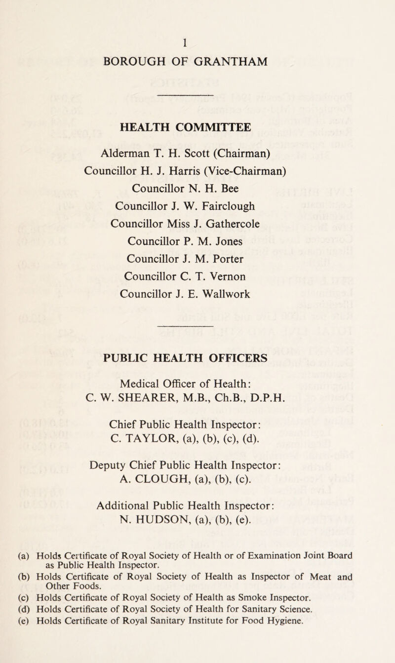 BOROUGH OF GRANTHAM HEALTH COMMITTEE Alderman T. H. Scott (Chairman) Councillor H. J. Harris (Vice-Chairman) Councillor N. H. Bee Councillor J. W. Fairclough Councillor Miss J. Gathercole Councillor P. M. Jones Councillor J. M. Porter Councillor C. T. Vernon Councillor J. E. Wallwork PUBLIC HEALTH OFFICERS Medical Officer of Health: C. W. SHEARER, M.B., Ch.B., D.P.H. Chief Public Health Inspector: C. TAYLOR, (a), (b), (c), (d). Deputy Chief Public Health Inspector: A. CLOUGH, (a), (b), (c). Additional Public Health Inspector: N. HUDSON, (a), (b), (e). (a) Holds Certificate of Royal Society of Health or of Examination Joint Board as Public Health Inspector. (b) Holds Certificate of Royal Society of Health as Inspector of Meat and Other Foods. (c) Holds Certificate of Royal Society of Health as Smoke Inspector. (d) Holds Certificate of Royal Society of Health for Sanitary Science. (e) Holds Certificate of Royal Sanitary Institute for Food Hygiene.