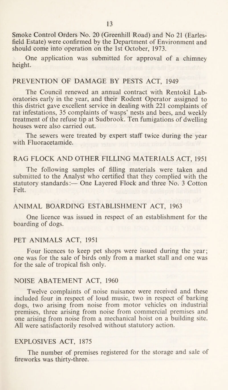 Smoke Control Orders No. 20 (Greenhill Road) and No 21 (Earles- field Estate) were confirmed by the Department of Environment and should come into operation on the 1st October, 1973. One application was submitted for approval of a chimney height. PREVENTION OF DAMAGE BY PESTS ACT, 1949 The Council renewed an annual contract with Rentokil Lab- oratories early in the year, and their Rodent Operator assigned to this district gave excellent service in dealing with 221 complaints of rat infestations, 35 complaints of wasps’ nests and bees, and weekly treatment of the refuse tip at Sudbrook. Ten fumigations of dwelling houses were also carried out. The sewers were treated by expert staff twice during the year with Fluoracetamide. RAG FLOCK AND OTHER FILLING MATERIALS ACT, 1951 The following samples of filling materials were taken and submitted to the Analyst who certified that they complied with the statutory standards:— One Layered Flock and three No. 3 Cotton Felt. ANIMAL BOARDING ESTABLISHMENT ACT, 1963 One licence was issued in respect of an establishment for the boarding of dogs. PET ANIMALS ACT, 1951 Four licences to keep pet shops were issued during the year; one was for the sale of birds only from a market stall and one was for the sale of tropical fish only. NOISE ABATEMENT ACT, 1960 Twelve complaints of noise nuisance were received and these included four in respect of loud music, two in respect of barking dogs, two arising from noise from motor vehicles on industrial premises, three arising from noise from commercial premises and one arising from noise from a mechanical hoist on a building site. All were satisfactorily resolved without statutory action. EXPLOSIVES ACT, 1875 The number of premises registered for the storage and sale of fireworks was thirty-three.