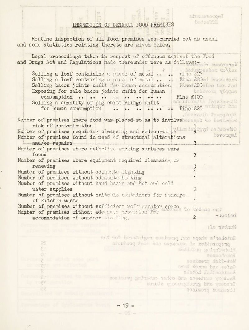 INSPECTION OF GENERAL FOOD PREMISES Routine inspection of all food premises was carried out as usual and some statistics relating thereto are given below* Legal proceedings taken in respect of offences against the Food and Drugs Act and Regulations made thereunder were as follower-' a. # it* Find £25 Fine £60. Selling a loaf containing a piece of metal Selling a loaf containing a piece of metal * * ** Selling bacon joints unfit for human consumption; Fine £60 Exposing for sale bacon joints unfit for human consumption *• •« • • «a *. •• Fine £100 Selling a quantity of pig chitterlings unfit for human consumption .. ♦. .. Fine £20 WV • “j “ ' ' . i \ ■ J.. rJ{. no:, CUu v - Number of premises where food was placed so as to involve risk of contamination Number of premises requiring cleansing and redecoratipn Number of premises found in need if structural alterations and/or repairs a.... . Number of premises where defective working surfaces were found Number of premises where equipment required cleansing or renewing Number of premises without adequate lighting Number of premises without adequate heating Number of premises without hand basin and hot and cold water supplies Number of premises without suitable containers for storage of kitchen waste Number of premises without sufficient refrigerator space . Nugiber of premises without adequate provision op 1 3 3 3 1 1 2 1 1 , *-*. ’•e' -i ;; V 0 W; V! , accommodation of outdoor clothing* l :j'0 I -i * _ « t . r\ n r . e- i. - • f X . ’ . t .