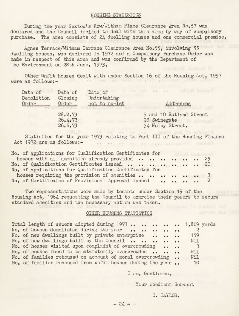 HOUSING STATISTICS During the year Sexton*s Row/Nitham Place Clearance Area No.57 was declared and the Council decided to deal with this area by way of compulsory purchase* The area consists of 24 dwelling houses and one commercial premise. Agnes Terrace/Witham Terrace Clearance Area No,55> involving 55 dwelling houses, was declared in 1972 and a Compulsory Purchase Order was made in respect of this area and was confirmed by the Department of the Environment on 28th June, 1973• Other Unfit houses dealt with under Section 16 of the Housing Act, 1957 were as follows s- Date of Date of Date.of Demolition Closing Under talcing Order Order not to re-let Addresses * 28.2.73 9 and 10 Rutland Street 26.4.73 28 Swinegate 26.6.73 34 Welby Street. Statistics for the year 1973 relating to Part III of the Housing Finance Act 1972 are as followss- No* of applications for Qualification Certificates for houses with all amenities already provided .. •• 25 No. of Qualification Certificates issued .. .. 20 No. of applications for Qualification Certificates for houses requiring the provision of amenities «• •• .. •• •• •• 3 No. of Certificates of Provisional Approval issued •• •• •• .. 2 Two representations were made by tenants under Section 19 of the Housing Act, 1964 requesting the Council to exercise their powers to secure standard amenities and the necessary action was taken. OTHER HOUSING STATISTICS Total length of sewers adopted during 1973 ** • • •• •• •• 1,869 yards No. of houses demolished during the year .. •• •• •« •• 2 No. of new dwellings built by private enterprise •• .. 159 No* of new dwellings built by the Council •. • • Nil No. of houses visited upon complaint of overcrowding 3 No. of houses found to be statutorily overcrowded •• •• •• Nil No. of families rehoused on account of moral overcrowding .. Nil No. of families rehoused from unfit houses during the year .. 10 I am. Gentlemen, Your obedient Servant C. TAYLOR.