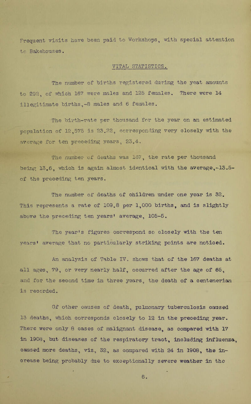 Frequent visits have been paid to Workshops, v/ith special attention to BaJ-oehouses. VITAL STATISTICS. The number of births ref^istered during the yeat amounts to 292, of -vliich 167 were mObles and 125 females. There were 14 illegitimate births,-8 males and 6 females. The birth-rate per thousand for the year on an estimated population of 12^575 is 23.22, corresponding very closely with the average for ten preceding years, 23,4, The number of deaths was 167, the rate per thousand being 13,6, viiioh is again almost identical with the average,-13.5- of the preceding ten years. The number of deaths of children under one year is 52. This represents a rate of 109,8 per 1,000 births, and is slightly above the preceding ten years* average, 105-5. The year's figures correspond so closely with the ten years' average that no particularly striking points are noticed. An analysis of Table IV, shows that of the 107 deaths at all ages, 79, or very nearly half, occurred after the age of 65, and for the second time in three years, the death of a centenarian is recorded. Of other causes of death, pulmonary tuberculosis caused 13 deaths, which corresponds closely to 12 in the preceding year. There were only 8 cases of malignant disease, as compared with 17 in 1908, but diseases of the respiratory tract, including influenza, caused more deaths, viz, 32, as compared with 24 in 1908, the in- crease being probably due to exceptionally severe weather in tho 6.