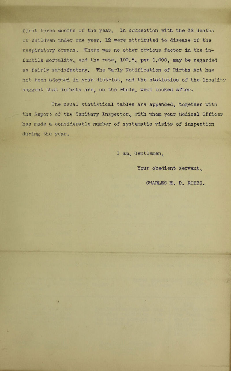 In connection with the 32 deaths first three months of the year, of children under one year, 12 were attributed to disease of the respiratory organs. There was no other obvious factor in the in- fantile mortality, and the r^.te, 109,8, per 1,000, may be regarded as fairly satisfactory. The Tarly Notification of Births Act has not been adopted in your district, and the statistics of the locality suggest that infants are, on the whole, well looked after. The usual statistical tables are appended, together -with the Report of the Sanitary Inspector, v/ith your Medical Officer has made a considerable number of systematic visits of inspection during the year, I am. Gentlemen, Your obedient servant. CHARLES H, D. ROBBS.