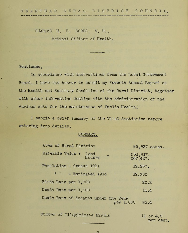 (? RANTHA M R U R A L DISTRICT C 0 UNCI L. CHARLES H. D. ROBBS, M. B. Medical Officer of Health Gentleman, In accordance with instructions from the Local Government Board, I have the honour to submit my Seventh Annual Report on the Health and Sanitary Condition of the Rural District, together wdth other information dealing with the administration of the various Acts for the maintenance of Publio Health. I submit a brief summary of the Vital Statistics before entering into details. SUMMARY Area of Rural Distrie t 85,827 acres £51,817. £67,427. Rateable Value : Land Houses Population - Census 1911  - Estimated 1913 12.257 12,200 Birth Rate per 1,000 Death Rate per 1,000 20.2 14.4 Death Rate of infants under One Year per 1,000 85.4 Number of Illegitimate Births 11 or 4.5 per oent.