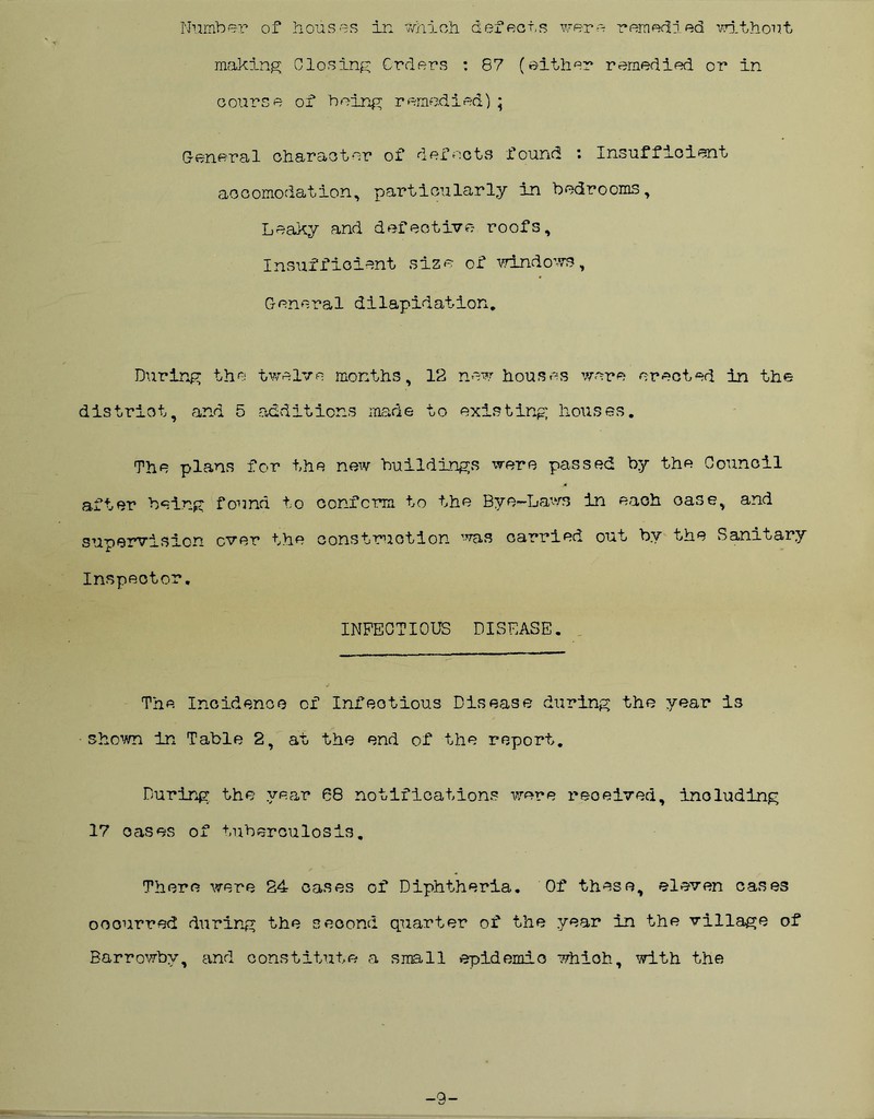 era ed led without Number of houses in which defects were r making Closing Orders : 87 (either remedied or in course of being remedied); General character of defects found : Insufficient accomodation, particularly in bedrooms. Leaky and defective roofs. Insufficient size of windows, General dilapidation. During the twelve months, 12 new houses were erected in the district, and 5 additions made to existing houses. The plans for the new buildings were passed by the Council after being found to conform to the Bye-Laws in each case, and supervision ever the construction was carried out by the Sanitary Inspector. INFECTIOUS DISEASE. The Incidence of Infeotious Disease during the year is shown in Table 2, at the end of the report. During the year 68 notifications were received, including 17 oases of tuberculosis. There were 24 cases of Diphtheria. Of these, eleven cases occurred during the second quarter of the year in the village of Barrowbv, and constitute a small epidemic whioh, with the -9-