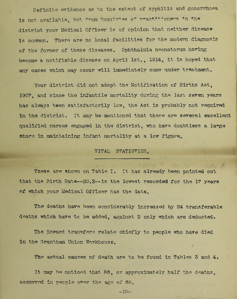 Definite evidence as to the extent of syphitis and gonorrhoea is not available, bnh ^rom inquiries rract; 1 +■•*one~s *n the district .your Medical Officer is of opinion that neither disease is common. There are no local facilities for the modern diagnosis of the former of these diseases. Ophthalmia neonatorum having become a notifiable disease on April 1st., 1914, if is hoped that any cases which may occur will immediately come under treatment. Your district did not adopt the Notification of Births Act, 1907, and since the infantile mortality during the last seven years has always been satisfactorily low, the Act is probably not required in the district. It may be mentioned that there are several excellent | qualified nurses engaged in the district, who have doubtless a la^ge share in maintaining Infant mortality at a low figure. VITAL STATISTICS. These are shown on Table I. It has already been pointed out that the Birth Rate—20.2—is the lowest recorded for the 17 years of which your Medioal Officer has the data. The deaths have been considerably increased by 24 transferable deaths which have tc be added, against 2 only which are deducted. The inward transfers relate chiefly to people who have died in the Grantham Union Workhouse. The actual oauses of death are to be found in Tables 3 and 4. It may be noticed that 86, or approximately half the deaths, occurred in people over the age of 65.