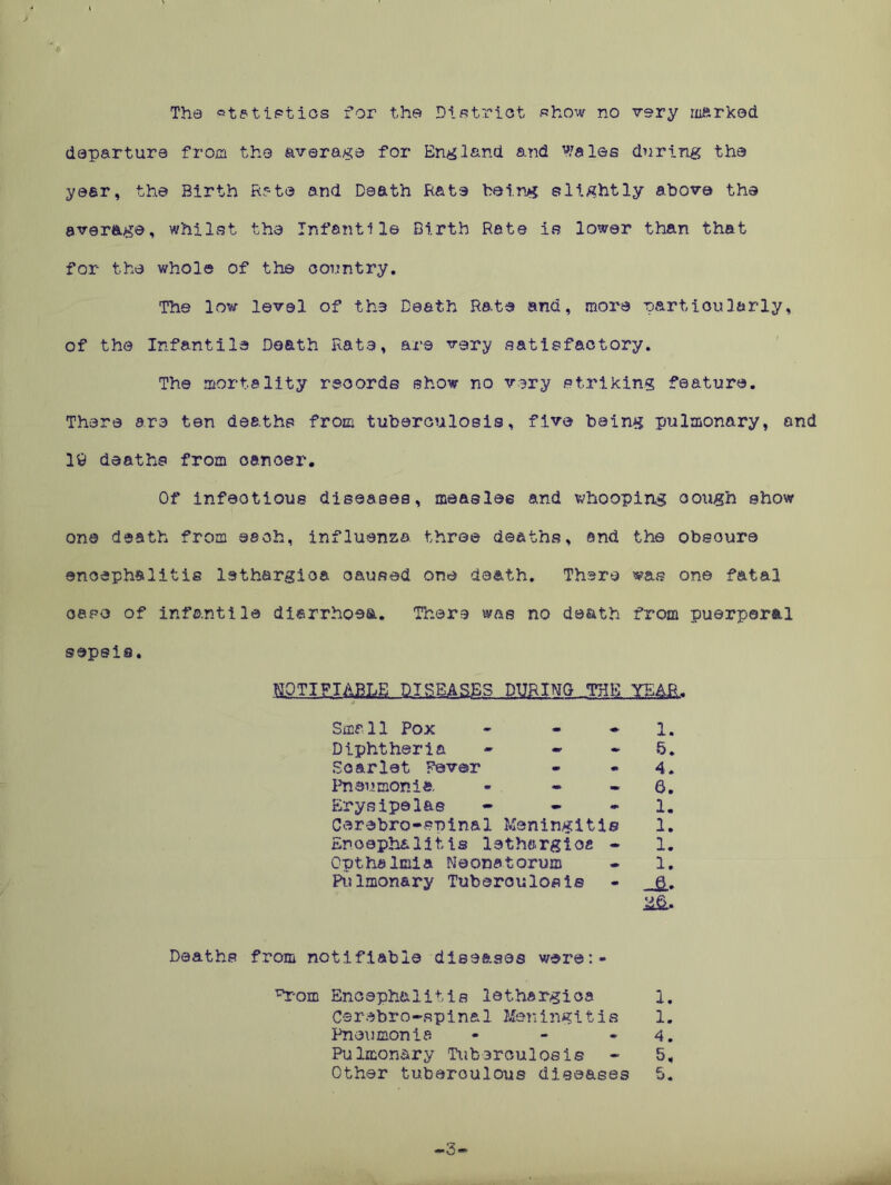 The statistics for the District show no very marked departure from the average for England and V/ales during the year, the Birth Rate and Death Rate being ©lightly above the average, whilst the Infantile Birth Rate is lower than that for the whole of the country. The low level of the Death Rata and, more particularly, of the Infantile Death Rate, are very satisfactory. The mortality records show no very striking feature. There are ten deaths from tuberculosis, five being pulmonary, and 19 deaths from cancel'. Of infeotious diseases, measles and whooping oough show one death from each, influenza three deaths, and the obsoure encephalitis lethargioa caused one death. There was one fatal oaso of infantile diarrhoea. There was no death from puerperal sepsis. SQ.T.IEIABLB SISBASBS DURING _,TH11 1EA1L. Small Pox - - * 1. Diphtheria - • * 5. Scarlet Pesver - • 4. Pneumonia. - - - 6. Erysipelas - - - 1. Cerebro-spinal Meningitis 1. Encephalitis lethargies - 1. Qpthalmla Neonatorum - 1. Pulmonary Tuberculosis - 6. Deaths from notifiable diseases were:- ^-om Encephalitis lethargica 1. Csrabro-spin&l Meningitis 1. Pneumonia - - - 4. Pulmonary Tuberculosis - 5, Other tuberculous diseases 5. -3-