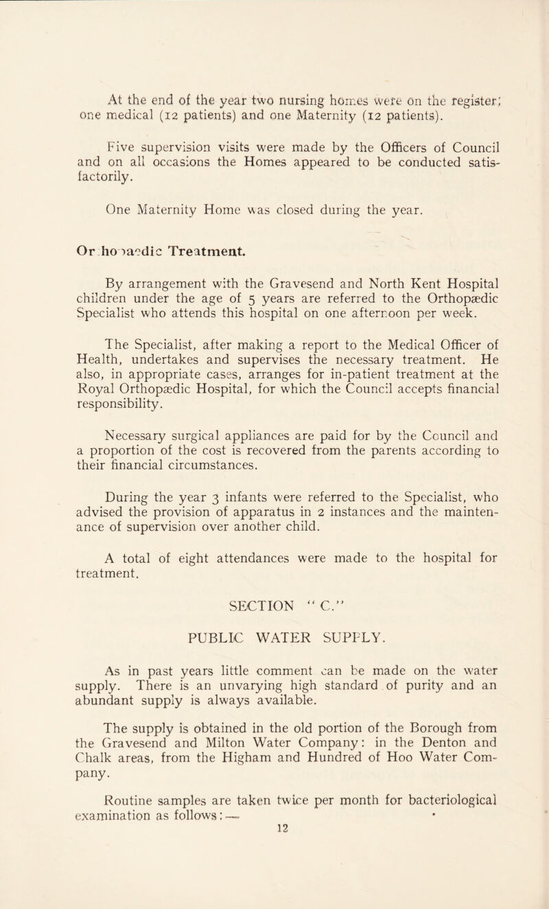 At the end of the year two nursing homes were on the register; one medical (12 patients) and one Maternity (12 patients). Five supervision visits were made by the Officers of Council and on all occasions the Homes appeared to be conducted satis- factorily. One Maternity Home was closed during the year. Or ho oaodic Treatment. By arrangement with the Gravesend and North Kent Hospital children under the age of 5 years are referred to the Orthopaedic Specialist who attends this hospital on one afternoon per week. The Specialist, after making a report to the Medical Officer of Health, undertakes and supervises the necessary treatment. He also, in appropriate cases, arranges for in-patient treatment at the Royal Orthopaedic Hospital, for which the Council accepts financial responsibility. Necessary surgical appliances are paid for by the Council and a proportion of the cost is recovered from the parents according to their financial circumstances. During the year 3 infants were referred to the Specialist, who advised the provision of apparatus in 2 instances and the mainten- ance of supervision over another child. A total of eight attendances were made to the hospital for treatment. SECTION  C.” PUBLIC WATER SUPPLY. As in past years little comment can he made on the w^ater supply. There is an unvarying high standard of purity and an abundant supply is always available. The supply is obtained in the old portion of the Borough from the Gravesend and Milton Water Company: in the Denton and Chalk areas, from the Higham and Hundred of Hoo Water Com- pany. Routine samples are taken twice per month for bacteriological examination as follows ; —