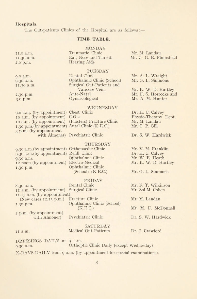 Hospitals. The Out-patients Clinics of the Hospital are as follows TIME TABLE. MONDAY 11.0 a.m. Traumatic Clinic Mr. M. Landau 11.30 a.m. Ear, Nose and Throat Mr. C. G. E. Plumstead 2.0 p.m. Hearing Aids TUESDAY 9.0 a.m. Dental Clinic Mr. A. L. Wraight 9.30 a.m. Ophthalmic Clinic (School) Mr. G. L. Simmons 11.30 a.m. Surgical Out-Patients and Varicose Veins Mr. K. W. D. Hartley 2.30 p.m. Ante-Natal Mr. F. S. Horrocks and 3.0 p.m. Gynaecological Mr. A. M. Hunter WEDNESDAY 9.0 a.m. (by appointment) Chest Clinic Dr. H. C. Calvey 10 a.m. (by appointment) C.O.2 Physio-Therapy Dept. 10 a.m. (by appointment) (Plasters) Fracture Clinic Mr. M. Landau 1.30 p.m.(by appointment) Aural Clinic (K.E.C.) Mr. T. P. Gill 3 p.m. (by appointment with Almoner) Psychiatric Clinic Dr. S. W. Hardwick THURSDAY 9.30 a.m.(by appointment) Orthopaedic Clinic Mr. V. M. Franklin 9.30 a.m.(by appointment) Refill Clinic Dr. H. C. Calvey Q.30 a.m. Ophthalmic Clinic Mr. W. E. Heath 12 noon (by appointment) Electro-Medical Mr. K. W. D. Hartley 1.30 p.m. Ophthalmic Clinic (School) (K.E.C.) Mr. G. L. Simmons FRIDAY 8.30 a.m. Dental Clinic Mr. F. T. Wilkinson 11 a.m. (by appointment) Surgical Clinic Mr. Sol M. Cohen 11.15 a.m. (by appointment) (New cases 12.15 p.m.) Fracture Clinic Mr. M. Landau 1.30 p.m. Ophthalmic Clinic (School) (K.E.C.) Mr. M. F. McDonnell 2 p.m. (by appointment) with Almoner) Psychiatric Clinic Dr. S. W. Hardwick SATURDAY 11 a.m. Medical Out-Patients Dr. J. Crawford DRESSINGS DAILY at 9 a.m. 9.30 a.m. Orthoptic Clinic Daily (except Wednesday) X-RAYS DAILY from 9 a.m. (by appointment for special examinations).