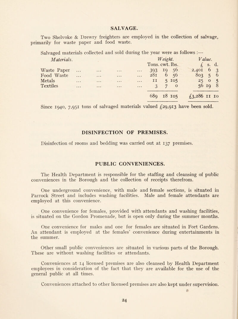 SALVAGE. Two Shelvoke & Drewry freighters are employed in the collection of salvage, primarily for waste paper and food waste. Salvaged materials collected and sold during the year were as follows :— Materials. Weight. V alue. Tons. cwt. lbs. £ s. d. Waste Paper ... 393 19 36 2,401 6 3 Food Waste 281 6 56 803 5 6 Metals 11 5 105 25 0 5 Textiles 370 56 19 8 689 18 105 £3,286 11 10 Since 1940, 7,951 tons of salvaged materials valued £29,913 have been sold. DISINFECTION OF PREMISES. Disinfection of rooms and bedding was carried out at 137 premises. PUBLIC CONVENIENCES. The Health Department is responsible for the staffing and cleansing of public conveniences in the Borough and the collection of receipts therefrom. One underground convenience, with male and female sections, is situated in Par rock Street and includes washing facilities. Male and female attendants are employed at this convenience. One convenience for females, provided with attendants and washing facilities, is situated on the Gordon Promenade, but is open only during the summer months. One convenience for males and one for females are situated in Fort Gardens. An attendant is employed at the females’ convenience during entertainments in the summer. Other small public conveniences are situated in various parts of the Borough. These are without washing facilities or attendants. Conveniences at 14 licensed premises are also cleansed by Health Department employees in consideration of the fact that they are available for the use of the general public at all times. Conveniences attached to other licensed premises are also kept under supervision.