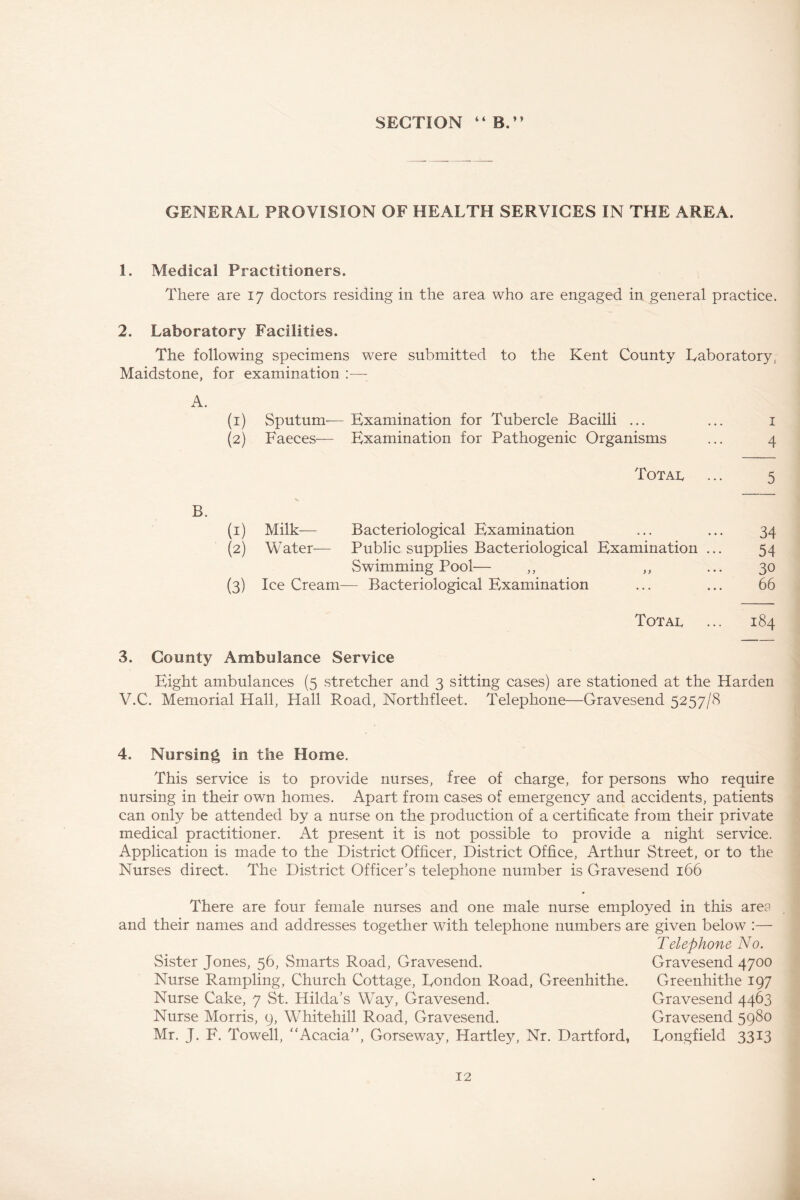 SECTION “B.” GENERAL PROVISION OF HEALTH SERVICES IN THE AREA. 1. Medical Practitioners. There are 17 doctors residing in the area who are engaged in general practice. 2. Laboratory Facilities. The following specimens were submitted to the Kent County Laboratory, Maidstone, for examination :— A. (1) Sputum— Examination for Tubercle Bacilli ... ... 1 (2) Faeces— Examination for Pathogenic Organisms ... 4 Total, ... 5 V B. (1) Milk— Bacteriological Examination ... ... 34 (2) Water— Public supplies Bacteriological Examination ... 54 Swimming Pool— ,, ,, ... 30 (3) Ice Cream— Bacteriological Examination ... ... 66 Total ... 184 3. County Ambulance Service Eight ambulances (5 stretcher and 3 sitting cases) are stationed at the Harden V.C. Memorial Hall, Hall Road, Northfleet. Telephone—Gravesend 5257/8 4. Nursing in the Home. This service is to provide nurses, free of charge, for persons who require nursing in their own homes. Apart from cases of emergency and accidents, patients can only be attended by a nurse on the production of a certificate from their private medical practitioner. At present it is not possible to provide a night service. Application is made to the District Officer, District Office, Arthur Street, or to the Nurses direct. The District Officer’s telephone number is Gravesend 166 There are four female nurses and one male nurse employed in this are? and their names and addresses together with telephone numbers are given below :— Telephone No. Sister Jones, 56, Smarts Road, Gravesend. Gravesend 4700 Nurse Rampling, Church Cottage, London Road, Greenhithe. Greenhithe 197 Nurse Cake, 7 St. Hilda’s Way, Gravesend. Gravesend 4463 Nurse Morris, 9, Whitehill Road, Gravesend. Gravesend 5980 Mr. J. F. Towell, “Acacia”, Gorseway, Hartley, Nr. Dartford, Longfield 3313