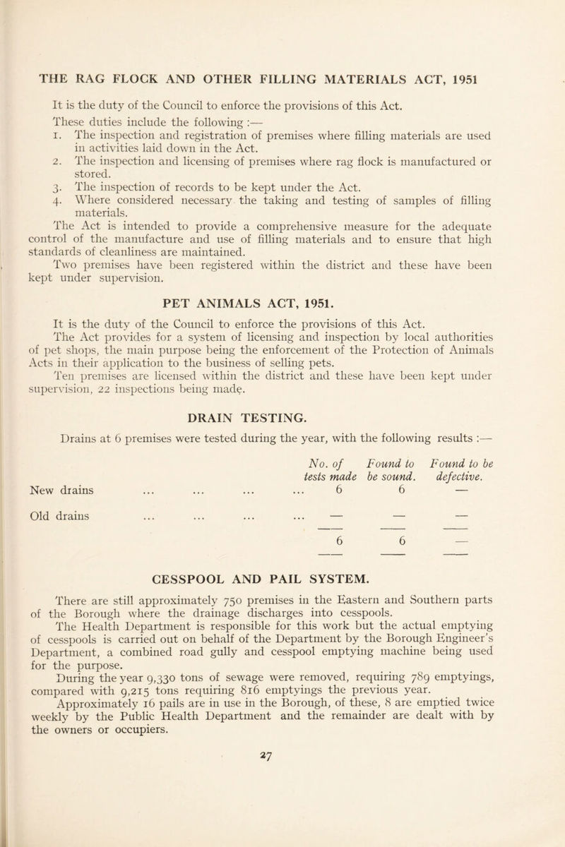 THE RAG FLOCK AND OTHER FILLING MATERIALS ACT, 1951 It is the duty of the Council to enforce the provisions of this Act. These duties include the following :— 1. The inspection and registration of premises where filling materials are used in activities laid down in the Act. 2. The inspection and licensing of premises where rag flock is manufactured or stored. 3. The inspection of records to be kept under the Act. 4. Where considered necessary the taking and testing of samples of filling materials. The Act is intended to provide a comprehensive measure for the adequate control of the manufacture and use of filling materials and to ensure that high standards of cleanliness are maintained. Two premises have been registered within the district and these have been kept under supervision. PET ANIMALS ACT, 1951. It is the duty of the Council to enforce the provisions of this Act. The Act provides for a system of licensing and inspection by local authorities of pet shops, the main purpose being the enforcement of the Protection of Animals Acts in their application to the business of selling pets. Ten premises are licensed within the district and these have been kept under supervision, 22 inspections being made. DRAIN TESTING. Drains at 6 premises were tested during the year, with the following results :— No. of Found to Found to be tests made be sound. defective. New drains ... ... ... ... 6 6 — Old drains ... ... ... ... — — — 6 6 CESSPOOL AND PAIL SYSTEM. There are still approximately 750 premises in the Eastern and Southern parts of the Borough where the drainage discharges into cesspools. The Health Department is responsible for this work but the actual emptying of cesspools is carried out on behalf of the Department by the Borough Engineer’s Department, a combined road gully and cesspool emptying machine being used for the purpose. During the year 9,330 tons of sewage were removed, requiring 789 emptyings, compared with 9,215 tons requiring 816 emptyings the previous year. Approximately 16 pails are in use in the Borough, of these, 8 are emptied twice weekly by the Public Health Department and the remainder are dealt with by the owners or occupiers.