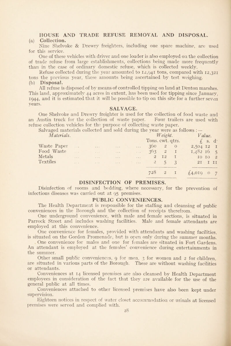 HOUSE AND TRADE REFUSE REMOVAL AND DISPOSAL. (a) Collection. Nine Shelvoke & Drewrv freighters, including one spare machine, are used for this service. One of these vehicles with driver and one loader is also employed on the collection of trade refuse from large establishments, collections being made more frequently than in the case of ordinary domestic refuse, which is collected weekly. Refuse collected during the year amounted to 12,941 tons, compared with 12,321 tons the previous year, these amounts being ascertained by test weighing. (b) Disposal. All refuse is disposed of by means of controlled tipping on land at Denton marshes. This land, approximately 44 acres in extent, has been used for tipping since January, 1944, and it is estimated that it will be possible to tip on this site for a further seven vears. SALVAGE. One Shelvoke and Drewry freighter is used for the collection of food waste and an Austin truck for the collection of waste paper. Four trailers are used with refuse collection vehicles for the purpose of collecting waste paper. Salvaged materials collected and sold during the year were as follows : — Materials. W eight. V alue. Tons. cwt. qtrs. £ s. d- Waste Paper 360 2 0 2,504 12 1 Food Waste 363 2 1 1,482 16 5 Metals 2 12 1 10 10 2 Textiles 253 21 I 11 728 2 1 £4,019 0 7 DISINFECTION OF PREMISES. Disinfection of rooms and bedding, where necessary, for the prevention of infectious diseases was carried out at 95 premises. PUBLIC CONVENIENCES. The Health Department is responsible for the staffing and cleansing of public conveniences in the Borough and the collection of receipts therefrom. One underground convenience, with male and female sections, is situated in Parrock Street and includes washing facilities. Male and female attendants are employed at this convenience. One convenience for females, provided with attendants and washing facilities, is situated on the Gordon Promenade, but is open only during the summer months. , One convenience for males and one for females are situated in Fort Gardens. An attendant is employed at the females’ convenience during entertainments in the summer. Other small public conveniences, 9 for men, 3 for women and 2 for children, are situated in various parts of the Borough. These are without washing facilities or attendants. Conveniences at 14 licensed premises are also cleansed by Health Department employees in consideration of the fact that they are available for the use of the general public at all times. Conveniences attached to other licensed premises have also been kept under supervision. Eighteen notices in respect of water closet accommodation or urinals at licensed premises were served and complied with.