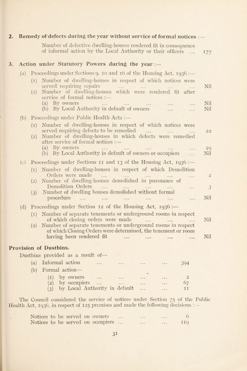 2. Remedy of defects during the year without service of formal notices :— Number of defective dwelling-houses rendered fit in consequence of informal action by the Local Authority or their officers 177 3. Action under Statutory Powers during the year :— (a) Proceedings under Sections 9, 10 and 16 of the Housing Act, 1936 :— (1) Number of dwelling-houses in respect of which notices were served requiring repairs Nil (2) Number of dwelling-houses which were rendered fit after service of formal notices :— (a) By owners Nil (b) By Local Authority in default of owners Nil (b) Proceedings under Public Health Acts :— (1) Number of dwelling-houses in respect of which notices were served requiring defects to be remedied 22 (2) Number of dwelling-houses in which defects were remedied after service of formal notices :— (a) By owners 29 (b) By Local Authority in default of owners or occupiers Nil (e) Proceedings under Sections 11 and 13 of the Housing Act, 1936 :— (1) Number of dwelling-houses in respect of which Demolition Orders were made 2 (2) Number of dwelling-houses demolished in pursuance of Demolition Orders 3 (3) Number of dwelling houses demolished without formal procedure Nil (d) Proceedings under Section 12 of the Housing Act, 1936 :— (1) Number of separate tenements or underground rooms in respect of which closing orders were made Nil (2) Number of separate tenements or underground rooms in respect of which Closing Orders w7ere determined, the tenement or room having been rendered fit ........ Nil Provision of Dustbins. Dustbins provided as a result of— (a) Informal action ... ... ... ... 394 (b) Formal action— (1) by owners ... ... ... ... 2 (2) by occupiers ... ... ... ... 67 (3) by Local Authority in default ... ... 11 The Council considered the service of notices under Section 75 of the Public Health Act, 1936, in respect of 125 premises and made the following decisions :— Notices to be served on owners ... ... ... 6 Notices to be served on occupiers ... ... ... 119 3i