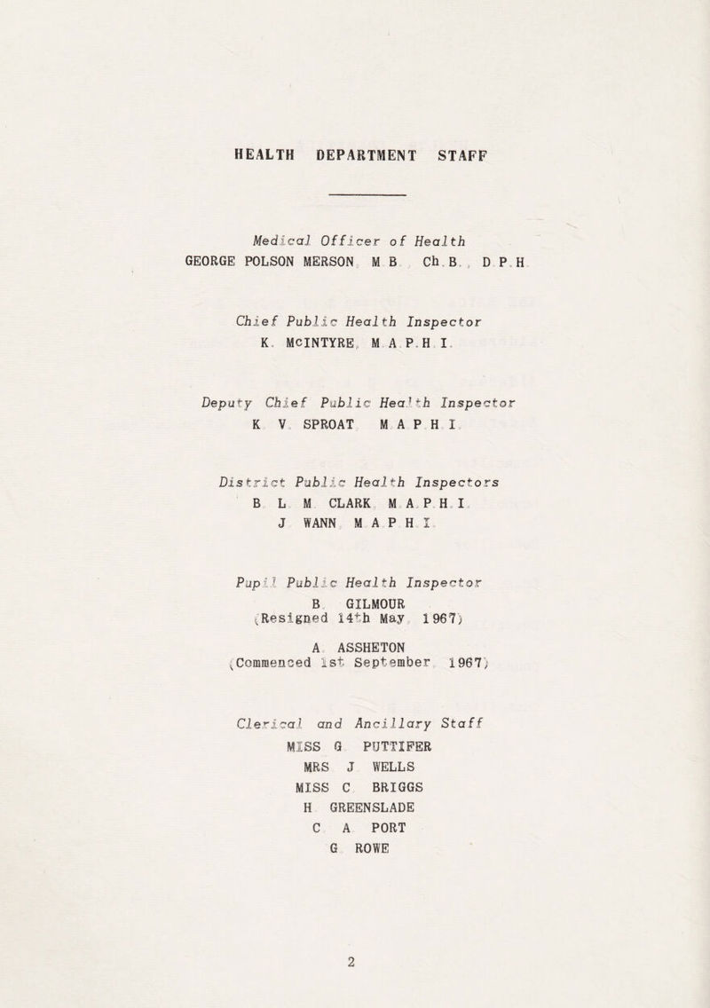 HEALTH DEPARTMENT STAFF Medical Officer of Health GEORGE POLSON MERSON MB Ch B., D P H Chief Public Health Inspector K MCINTYRE, M A.P.H,I Deputy Chief Public Health Inspector K V SPROAT M A P H I, Dxs trict Public Health Inspectors B L M CLARK M. A.P.H,. I. J WANN, MAP Hoi,-, Pupil Public Health Inspector B GILMOUR (Resigned 14th May, 1967) A ASSHETQN (Commenced 1st September, 1967) Clerical and Ancillary Staff MISS G PUTTIFER MRS J WELLS MISS C BRIGGS H GREENSLADE C A PORT G ROWE