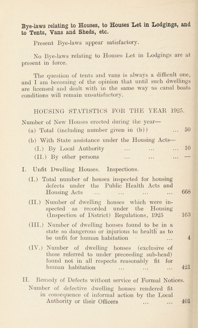 Bye-laws relating to Houses, to Houses Let in Lodgings, and to Tents, Vans and Sheds, etc. Present Bye-laws appear satisfactory. No Bye-laws relating to Houses Let in Lodgings are at present in force. The question of tents and vans is always a difficult one, and I am becoming of the opinion that until such dwellings are licensed and dealt with in the same way as canal boats conditions will remain unsatisfactory. HOUSING- STATISTICS BOB THE YEAR 1925. Number of New Houses erected during the year— (a) Total (including number given in (b)) ... 50 (b) With State assistance under the Housing Acts— (I.) By Local Authority ... ... ... 10 (II.) By other persons ... ... ••• — I. Unfit Dwelling Houses. Inspections. (I.) Total number of houses inspected for housing defects under the Public Health Acts and Housing Acts ... ... ... ... 668 (II.) Number of dwelling houses which were in- spected as recorded under the Housing (Inspection of District) Regulations, 1925 163 (III.) Number of dwelling houses found to be in a state so dangerous or injurious to health as to be unfit for human habitation ... 4 (IY.) Number of dwelling houses (exclusive of those referred to under preceeding sub-head) found not in all respects reasonably fit for human habitation ... ... ... 421 II. Remedy of Defects without service of Formal Notices. Number of defective dwelling houses rendered fit in consequence of informal action by the Local Authority or their Officers ... ... 401