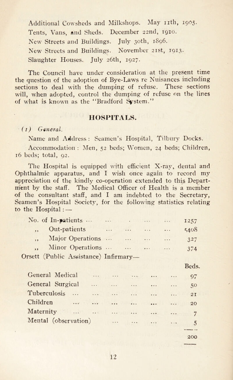 Additional Cowsheds and Milkshops. May nth, 1905. Tents, Vans, and Sheds. December 22nd, 1910. New Streets and Buildings. July 30th, 1S96. New Streets and Buildings. November 21st, 1913. Slaughter Houses. July 26th, 1927. The Council have under consideration at the present time the question of the adoption of Bye-Laws re Nuisances including sections to deal with the dumping of refuse. These sections will, when adopted, control the dumping of refuse on the lines of what is known as the ‘‘Bradford System.” HOSPITALS. (1) General. Name and Address : Seamen’s Hospital, Tilbury Docks. Accommodation : Men, 52 beds; Women, 24 beds; Children, 16 beds; total, 92. The Hospital is equipped with efficient X-ray, dental and Ophthalmic apparatus, and I wish once again to record my appreciation of the kindly co-operation extended to this Depart- ment by the staff. The Medical Officer of Health is a member of the consultant staff, and I am indebted to the Secretary, Seamen’s Hospital Society, for the following statistics relating to the Hospital : — No. of In-patients 1257 ,, Out-patients S408 ,, Major Operations 327 ,, Minor Operations • •• 374 Orsett (Public Assistance) Infirmary— Beds. General Medical 97 General Surgical ... 50 Tuberculosis 21 Children ... 20 Maternity 7 Mental (observation) 5 200
