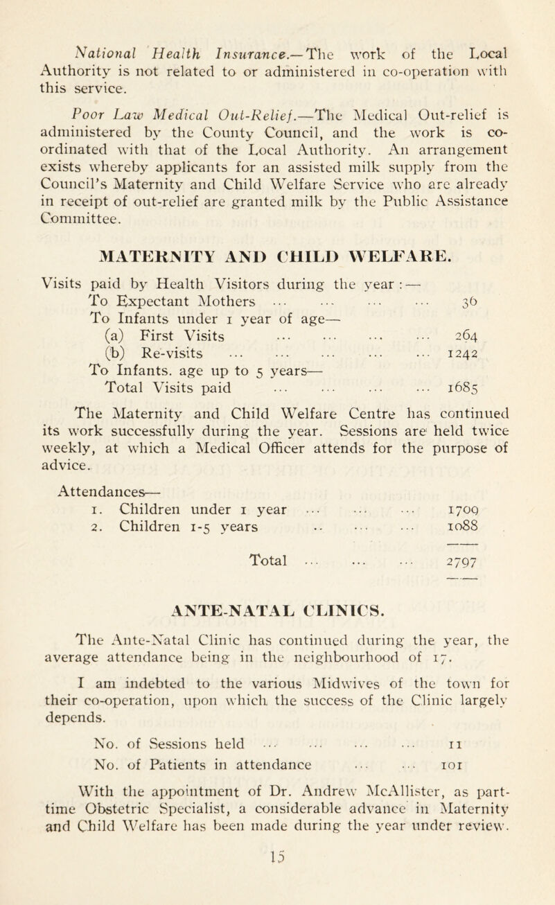 National Health Insurance.— The work of the Local Authority is not related to or administered in co-operation with this service. Poor Law Medical Out-Relief.—The Medical Out-relief is administered by the County Council, and the work is co- ordinated with that of the Local Authority. An arrangement exists whereby applicants for an assisted milk supply from the Council’s Maternity and Child Welfare Service who are already in receipt of out-relief are granted milk by the Public Assistance Committee. MATERNITY AND CHILD WELFARE. Visits paid by Health Visitors during the year:—• To Expectant Mothers ••• ••• ••• 3b To Infants under 1 year of age— (a) First Visits ••• 264 (b) Re-visits ••• ••• 1242 To Infants, age up to 5 years— Total Visits paid ... ••• ••• .•• 1685 The Maternity and Child Welfare Centre has continued its work successfully during the year. Sessions are1 held twice weekly, at which a Medical Officer attends for the purpose of advice. Attendances— 1. Children under 1 year ... ••. ••• 170Q 2. Children 1-5 years 1088 Total 2797 ANTE NATAL CLINICS. The Ante-Natal Clinic has continued during the year, the average attendance being in the neighbourhood of 17. I am indebted to the various Midwives of the town for their co-operation, upon which the success of the Clinic largely depends. No. of Sessions held ••• ... ••• ••• 11 No. of Patients in attendance ••• 101 With the appointment of Dr. Andrew McAllister, as part- time Obstetric Specialist, a considerable advance in Maternity and Child Welfare has been made during the year under review.