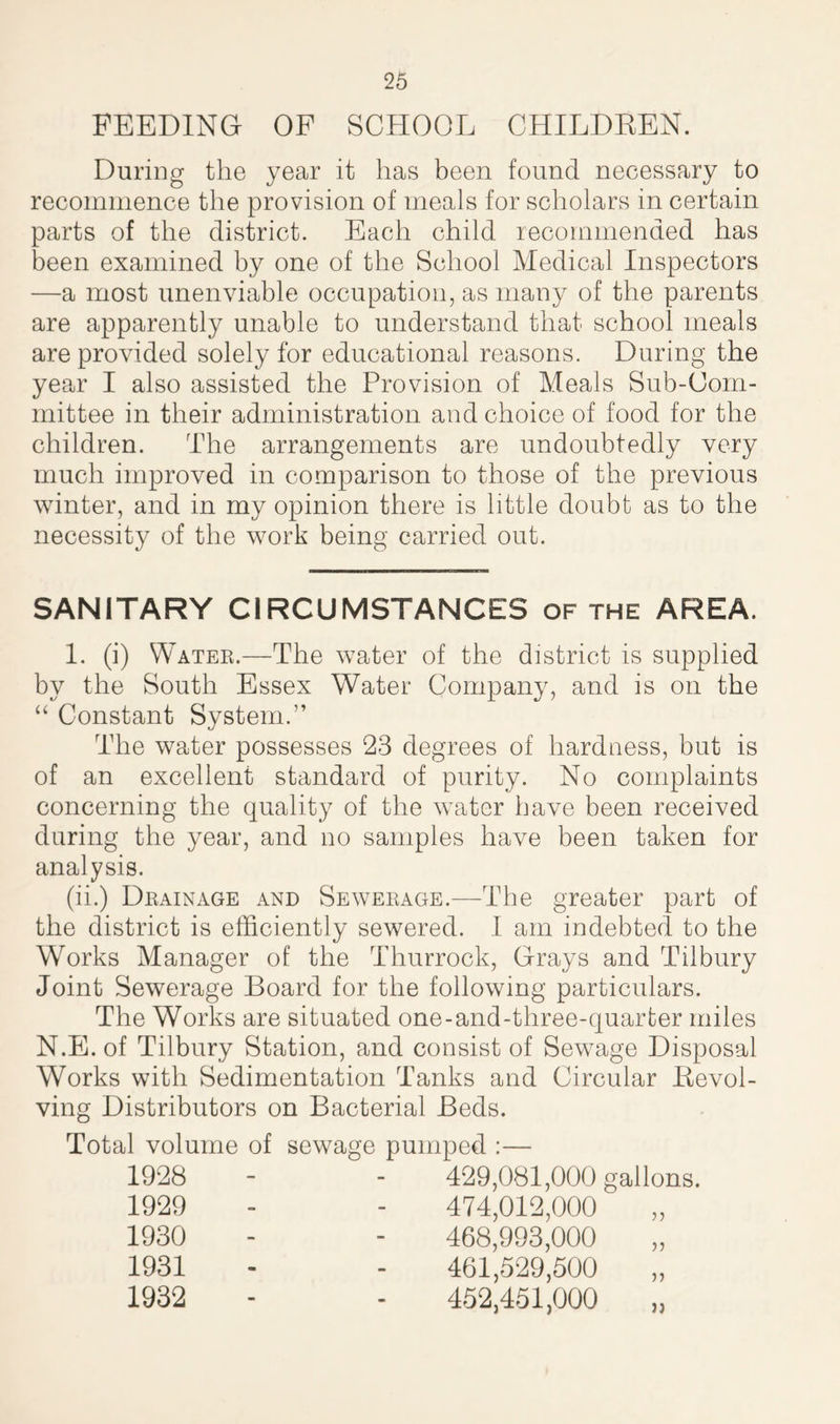 FEEDING OF SCHOOL CHILDREN. During the year it has been found necessary to recommence the provision of meals for scholars in certain parts of the district. Each child recommended has been examined by one of the School Medical Inspectors —a most unenviable occupation, as many of the parents are apparently unable to understand that school meals are provided solely for educational reasons. During the year I also assisted the Provision of Meals Sub-Com- mittee in their administration and choice of food for the children. The arrangements are undoubtedly very much improved in comparison to those of the previous winter, and in my opinion there is little doubt as to the necessity of the work being carried out. SANITARY CIRCUMSTANCES of the AREA. 1. (i) Water.—The water of the district is supplied by the South Essex Water Company, and is on the “ Constant System.” The water possesses 23 degrees of hardness, but is of an excellent standard of purity. No complaints concerning the quality of the water have been received during the year, and no samples have been taken for analysis. (ii.) Drainage and Sewerage.—The greater part of the district is efficiently sewered. I am indebted to the Works Manager of the Thurrock, Grays and Tilbury Joint Sewerage Board for the following particulars. The Works are situated one-and-three-quarter miles N.E. of Tilbury Station, and consist of Sewage Disposal Works with Sedimentation Tanks and Circular Revol- ving Distributors on Bacterial Beds. Total volume of sewage pumped :— 1928 - 429,081,000 gallons. 1929 - - 474,012,000 1930 - - 468,993,000 1931 - - 461,529,500 1932 - a* 452,451,000