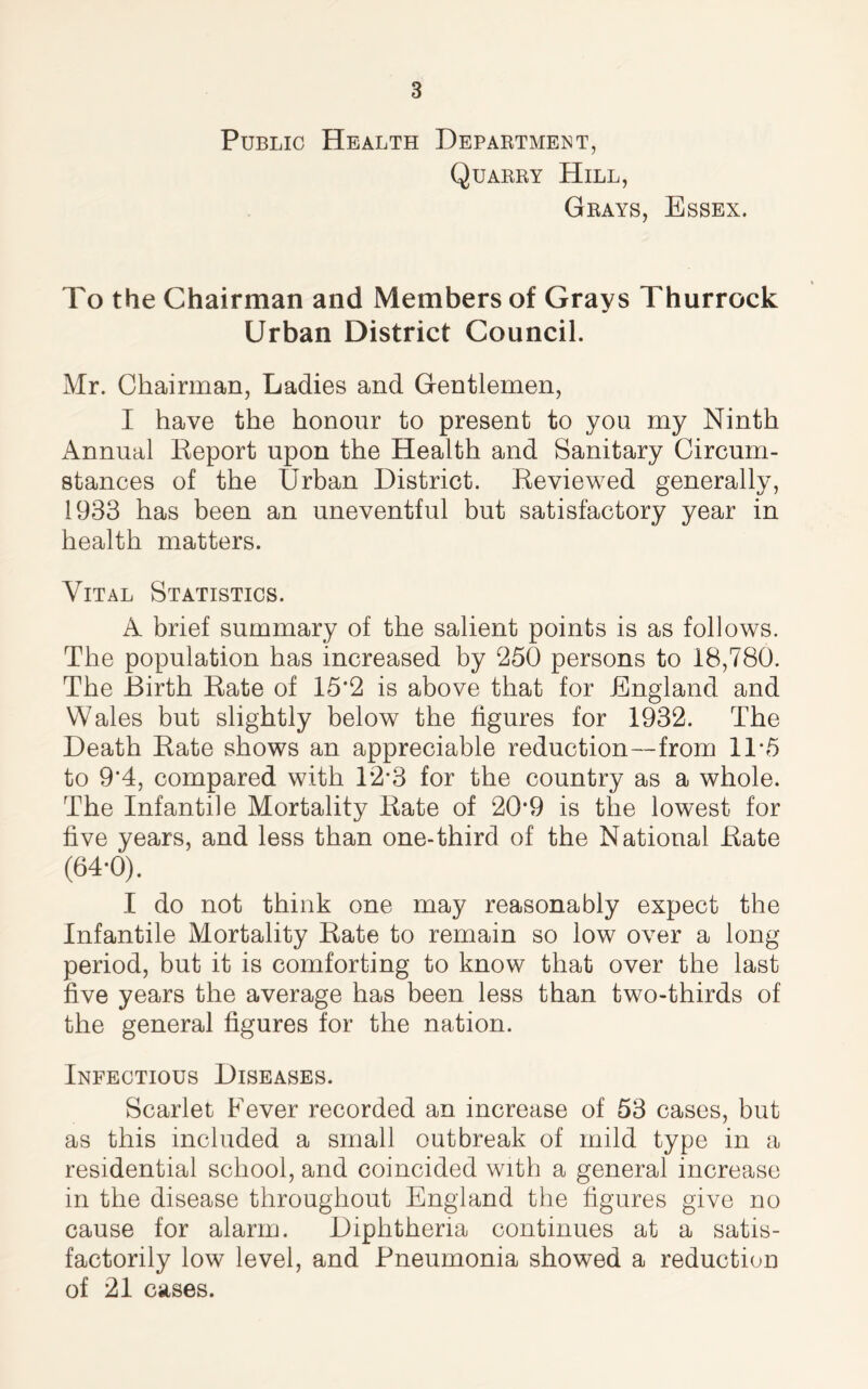 Public Health Department, Quarry Hill, Grays, Essex. To the Chairman and Members of Grays Thurrock Urban District Council. Mr. Chairman, Ladies and Gentlemen, I have the honour to present to you my Ninth Annual Keport upon the Health and Sanitary Circum- stances of the Urban District. Reviewed generally, 1933 has been an uneventful but satisfactory year in health matters. Vital Statistics. A brief summary of the salient points is as follows. The population has increased by 250 persons to 18,780. The Birth Rate of 15*2 is above that for England and Wales but slightly below the figures for 1932. The Death Rate shows an appreciable reduction—from 11*5 to 9*4, compared with 12*3 for the country as a whole. The Infantile Mortality Rate of 20*9 is the lowest for five years, and less than one-third of the National Rate (64-0). I do not think one may reasonably expect the Infantile Mortality Rate to remain so low over a long period, but it is comforting to know that over the last five years the average has been less than two-thirds of the general figures for the nation. Infectious Diseases. Scarlet Fever recorded an increase of 53 cases, but as this included a small outbreak of mild type in a residential school, and coincided with a general increase in the disease throughout England the figures give no cause for alarm. Diphtheria continues at a satis- factorily low level, and Pneumonia showed a reduction of 21 cases.