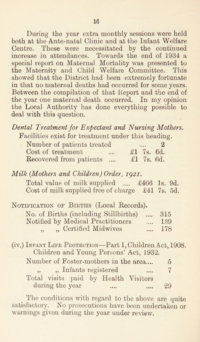 During the year extra monthly sessions were held both at the Ante-natal Clinic and at the Infant Welfare Centre. These were necessitated by the continued increase in attendances. Towards the end of 1934 a special report on Maternal Mortality was presented to the Maternity and Child Welfare Committee. This showed that the District had been extremely fortunate in that no maternal deaths had occurred for some years. Between the compilation of that Deport and the end of the year one maternal death occurred. In my opinion the Local Authority has done everything possible to deal with this question. Dental Treatment for Expectant and Nursing Mothers. Facilities exist for treatment under this heading. Number of patients treated .... 2 Cost of treatment .... T1 7s. 6d. Recovered from patients .... Ti 7s. 6d. Milk (Mothers and Children) Order, 1921. Total value of milk supplied .... T466 Is. 9d. Cost of milk supplied free of charge T41 7s. 5d. Notification of Births (Local Records). No. of Births (including Stillbirths) .... 315 Notified by Medical Practitioners .... 139 „ „ Certified Midwives .... 178 (iv.) Infant Life Protection—Part 1, Children Act, 1908. Children and Young Persons’ Act, 1932. Number of Foster-mothers in the area.... 5 ,, ,, Infants registered .... 7 Total visits paid by Health Visitors during the year .... .... 29 The conditions with regard to the above are quite satisfactory. No prosecutions have been undertaken or warnings given during the year under review.