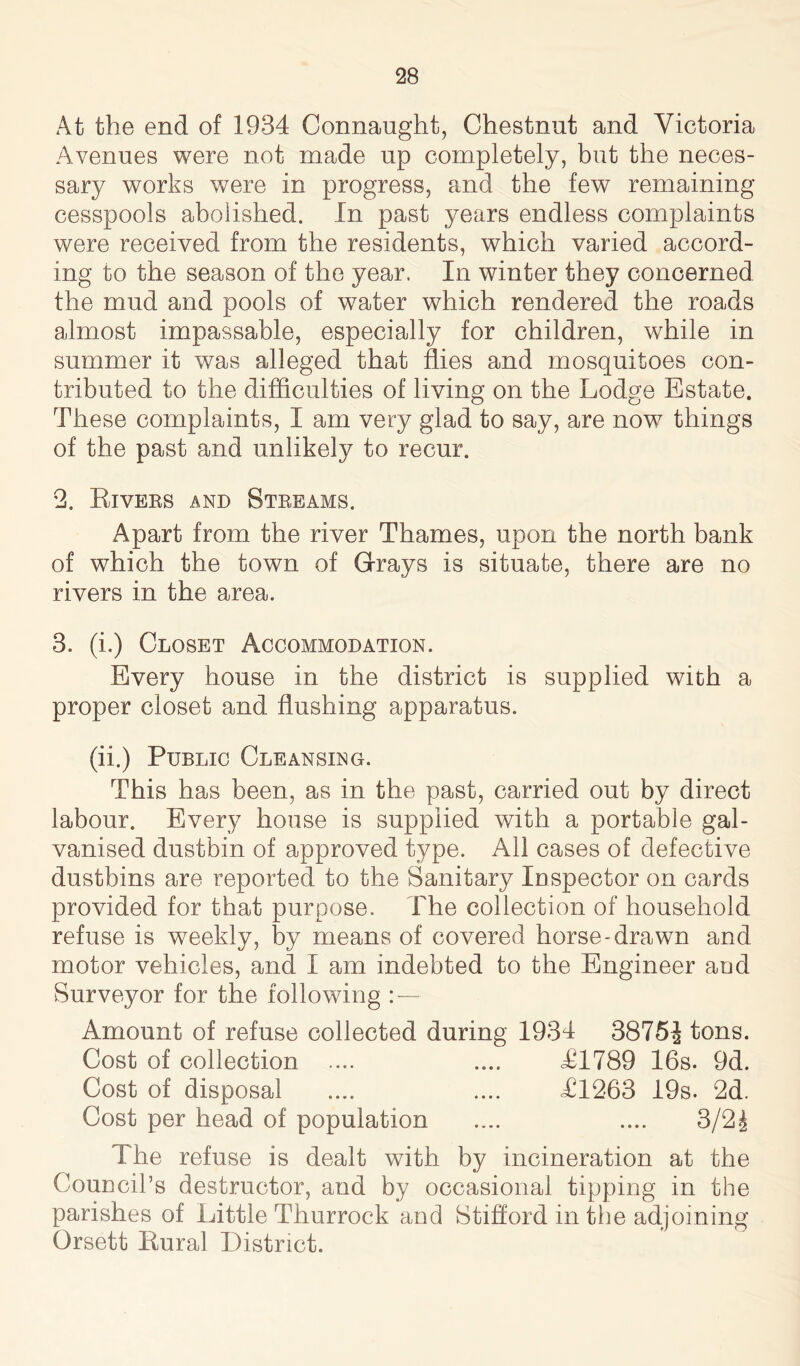 At the end of 1934 Connaught, Chestnut and Victoria Avenues were not made up completely, but the neces- sary works were in progress, and the few remaining cesspools abolished. In past years endless complaints were received from the residents, which varied accord- ing to the season of the year. In winter they concerned the mud and pools of water which rendered the roads almost impassable, especially for children, while in summer it was alleged that flies and mosquitoes con- tributed to the difficulties of living on the Lodge Estate. These complaints, I am very glad to say, are now things of the past and unlikely to recur. 2. Rivers and Streams. Apart from the river Thames, upon the north bank of which the town of Grays is situate, there are no rivers in the area. 3. (i.) Closet Accommodation. Every house in the district is supplied with a proper closet and flushing apparatus. (ii.) Public Cleansing. This has been, as in the past, carried out by direct labour. Every house is supplied with a portable gal- vanised dustbin of approved type. All cases of defective dustbins are reported to the Sanitary Inspector on cards provided for that purpose. The collection of household refuse is weekly, by means of covered horse-drawn and motor vehicles, and I am indebted to the Engineer and Surveyor for the following : — Amount of refuse collected during 1934 3875J tons. Cost of collection .... .... T1789 16s. 9d. Cost of disposal .... .... T1263 19s. 2d. Cost per head of population .... .... 3/2^ T he refuse is dealt with by incineration at the Council’s destructor, and by occasional tipping in the parishes of Little Thurrock and Stifford in the adjoining Orsett Rural District.