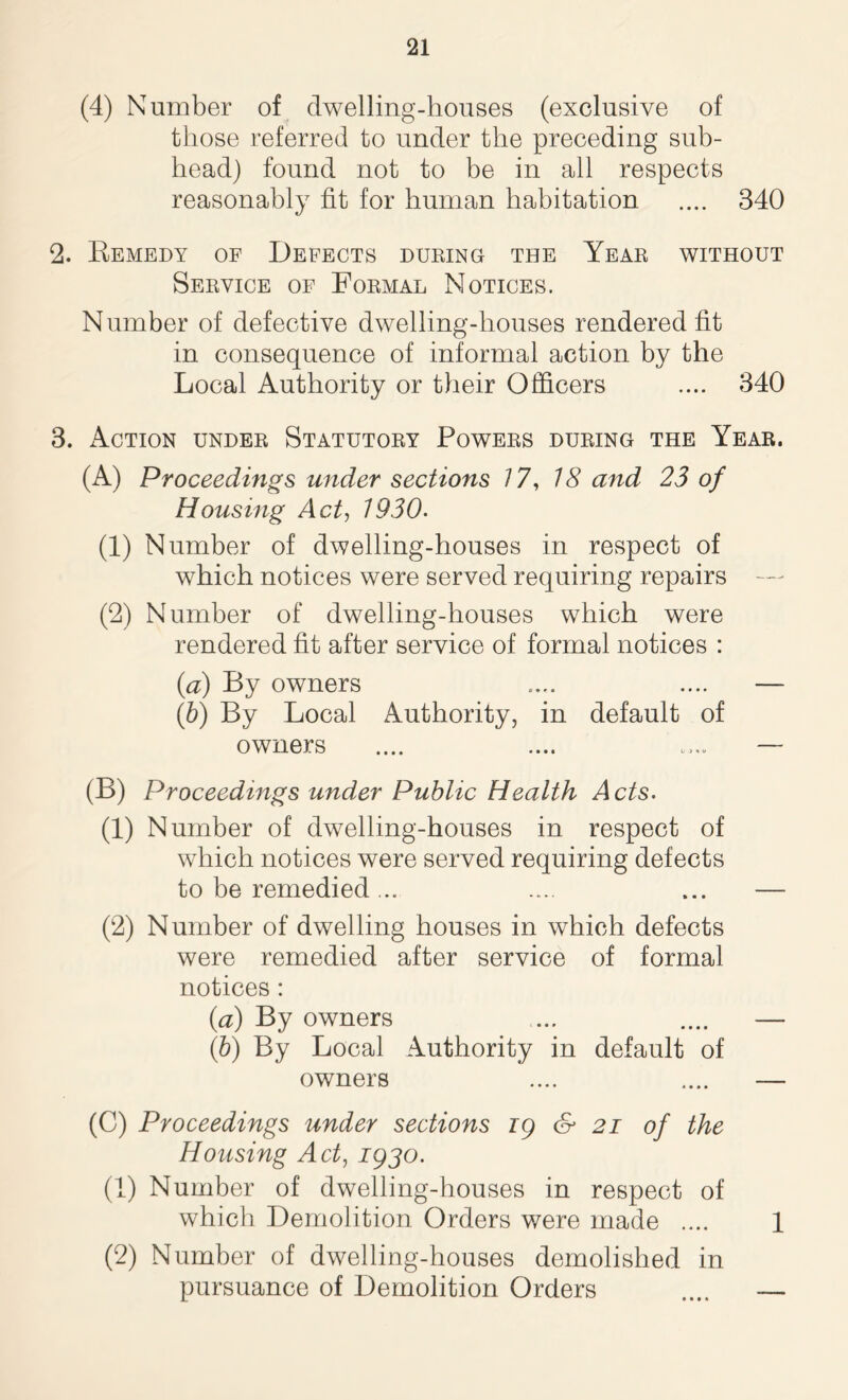 (4) Number of dwelling-houses (exclusive of those referred to under the preceding sub- head) found not to be in all respects reasonably fit for human habitation .... 340 2. Remedy of Defects during the Year without Service of Formal Notices. Number of defective dwelling-houses rendered fit in consequence of informal action by the Local Authority or their Officers .... 340 3. Action under Statutory Powers during the Year. (A) Proceedings under sections 17, 18 and 23 of Housing Act, 1930. (1) Number of dwelling-houses in respect of which notices were served requiring repairs — (2) Number of dwelling-houses which were rendered fit after service of formal notices : (a) By owners .... .... — (b) By Local Authority, in default of owners .... .... — (B) Proceedings under Public Health Acts. (1) Number of dwelling-houses in respect of which notices were served requiring defects to be remedied... .... ... — (2) Number of dwelling houses in which defects were remedied after service of formal notices : (a) By owners .... .... — (b) By Local Authority in default of owners .... .... — (C) Proceedings under sections ig & 21 of the Housing Act, 7930. (1) Number of dwelling-houses in respect of which Demolition Orders were made .... 1 (2) Number of dwelling-houses demolished in pursuance of Demolition Orders .... —