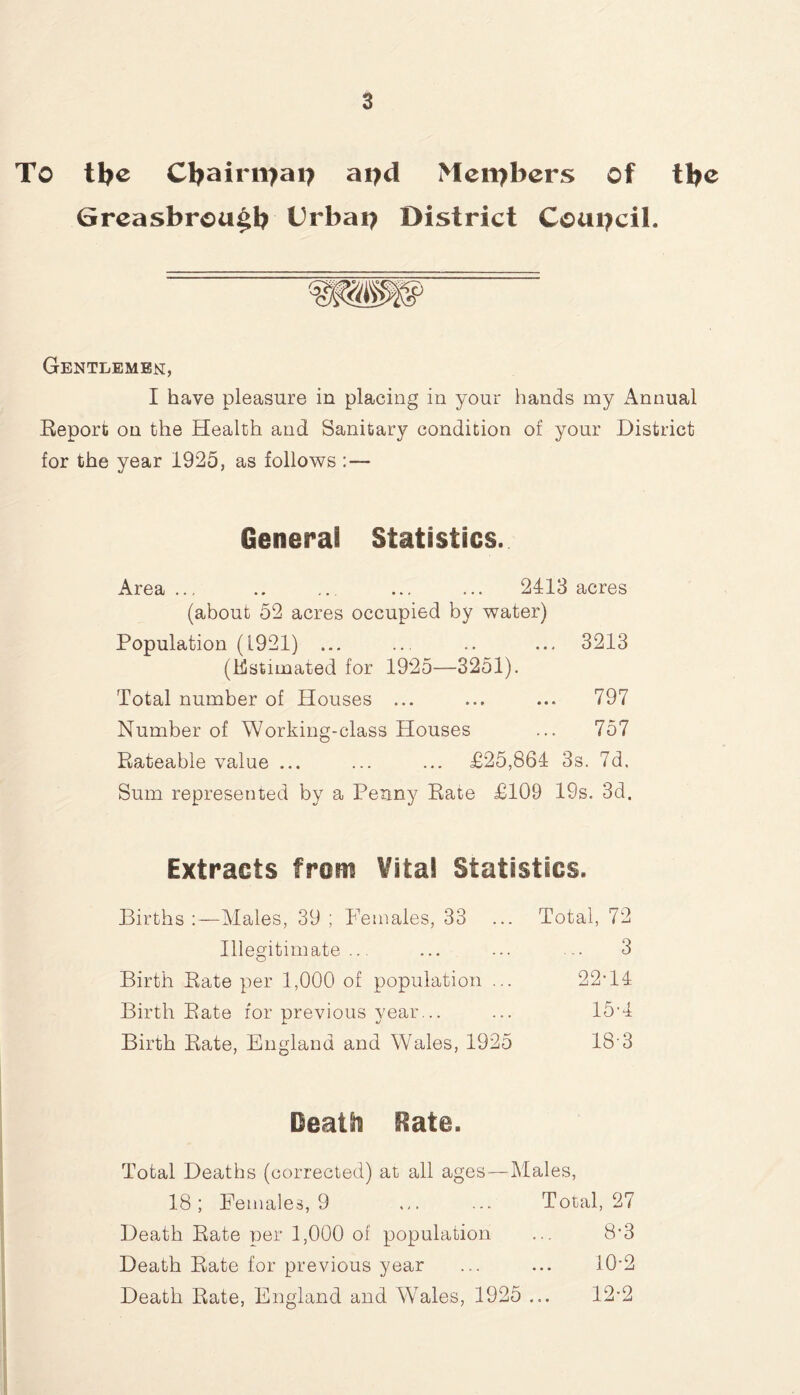 To tbe Cbairn>ai> apd Merpbers of tbc Greasbrou^b Urbat? District Council. Gentlemen, I have pleasure in placing in your hands my Annual Report on the Health and Sanitary condition of your District for the year 1925, as follows • General Statistics. Area ... .. ... ... ... 2413 acres (about 52 acres occupied by water) Population (1921) ... ... .. ... 3213 (Estimated for 1925—3251). Total number of Houses ... ... ... 797 Number of Working-class Houses ... 757 Rateable value ... ... ... £25,864 3s. 7d. Sum represented by a Penny Rate £109 19s. 3d. Extracts from Vital Statistics. Births:—Males, 39; Females, 33 ... Total, 72 Illegitimate... ... ... ... 3 Birth Rate per 1,000 of population ... 22-14 Birth Rate for previous year... ... 15-4 Birth Rate, England and Wales, 1925 18-3 Death Rate. Total Deaths (corrected) at all ages—Males, 18; Females, 9 ... ... Total, 27 Death Rate per 1,000 of population ... 8-3 Death Rate for previous year ... ... 10’2 Death Rate, England and Wales, 1925 ... 12-2