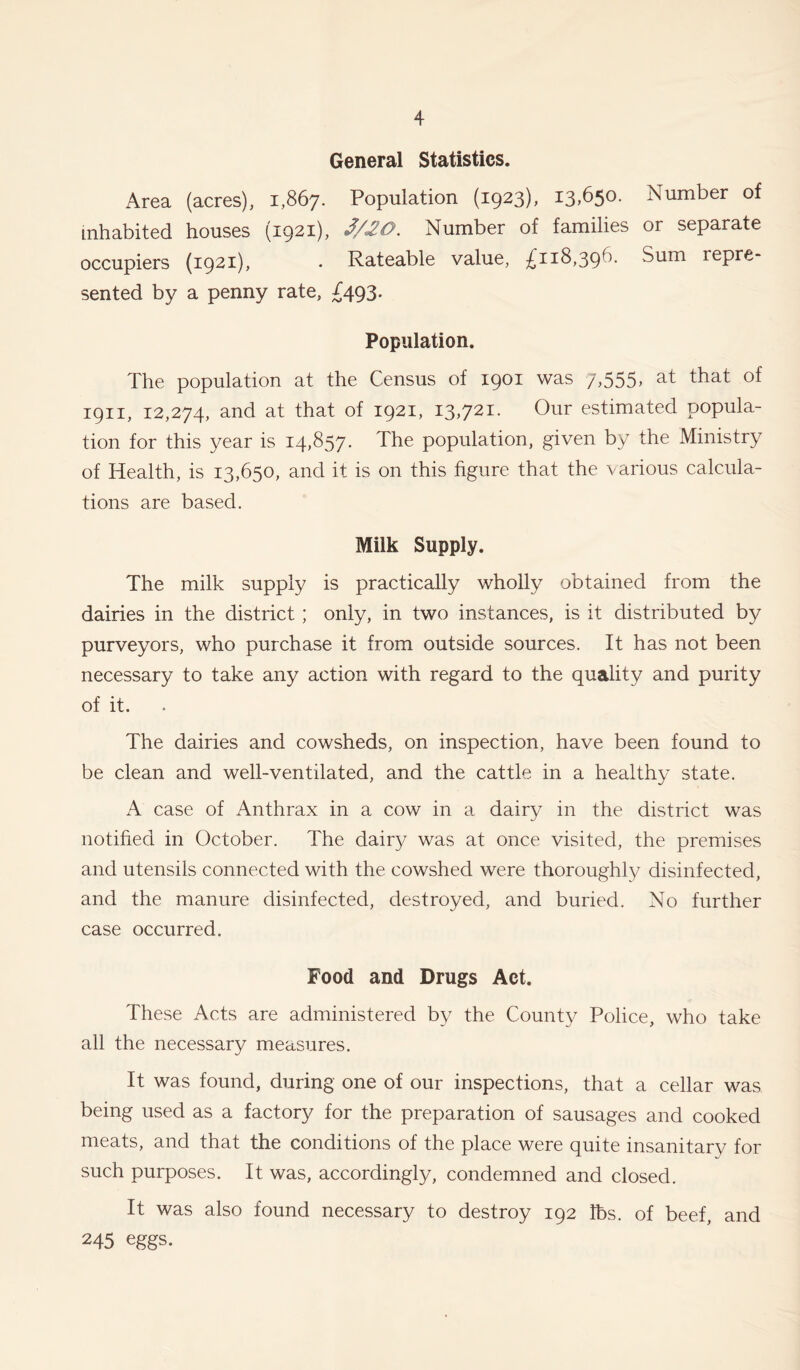 General Statistics. Area (acres), 1,867. Population (1923), 13,650. Number of inhabited houses (1921), 3/20. Number of families or separate occupiers (1921), . Rateable value, £118,39^- Sum lepre- sented by a penny rate, £493. Population. The population at the Census of 1901 was 7,555> a^ that °f 1911, 12,274, and at that of 1921, 13,721. Our estimated popula- tion for this year is 14,857. The population, given by the Ministry of Health, is 13,650, and it is on this figure that the various calcula- tions are based. Milk Supply. The milk supply is practically wholly obtained from the dairies in the district ; only, in two instances, is it distributed by purveyors, who purchase it from outside sources. It has not been necessary to take any action with regard to the quality and purity of it. The dairies and cowsheds, on inspection, have been found to be clean and well-ventilated, and the cattle in a healthy state. A case of Anthrax in a cow in a dairy in the district was notified in October. The dairy was at once visited, the premises and utensils connected with the cowshed were thoroughly disinfected, and the manure disinfected, destroyed, and buried. No further case occurred. Food and Drugs Act. These Acts are administered by the County Police, who take all the necessary measures. It was found, during one of our inspections, that a cellar was being used as a factory for the preparation of sausages and cooked meats, and that the conditions of the place were quite insanitary for such purposes. It was, accordingly, condemned and closed. It was also found necessary to destroy 192 lbs. of beef, and 245 eggs.