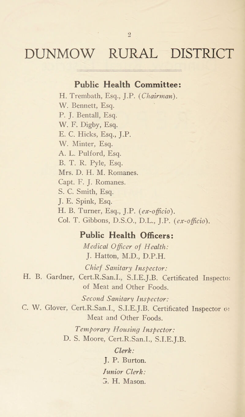 DUNMOW RURAL DISTRICT Public Health Committee: H. Trembath, Esq., J.P. (Chairman). W. Bennett, Esq. P. J. Bentall, Esq. W. F. Digby, Esq. E. C. Hicks, Esq., J.P. W. Minter, Esq. A. L. Pulford, Esq. B. T. R. Pyle, Esq. Mrs. D. H. M. Romanes. Capt. F. J. Romanes. S. C. Smith, Esq. J. E. Spink, Esq. H. B. Turner, Esq., J.P. (ex-officio). Col. T. Gibbons, D.S.O., D.L., J.P. (ex-officio). Public Health Officers: Medical Officer of Health: J. Hatton, M.D., D.P.H. Chief Sanitary Inspector: H. B. Gardner, Cert.R.San.I., S.I.E.J.B. Certificated Inspecto; of Meat and Other Foods. Second Sanitary Inspector: C. W. Glover, Cert.R.San.I., S.I.E.J.B. Certificated Inspector o; Meat and Other Foods. Temporary Housing Inspector: D. S. Moore, Cert.R.San.I., S.I.E.J.B. Clerk: J. P. Burton. Junior Clerk: G. H. Mason.