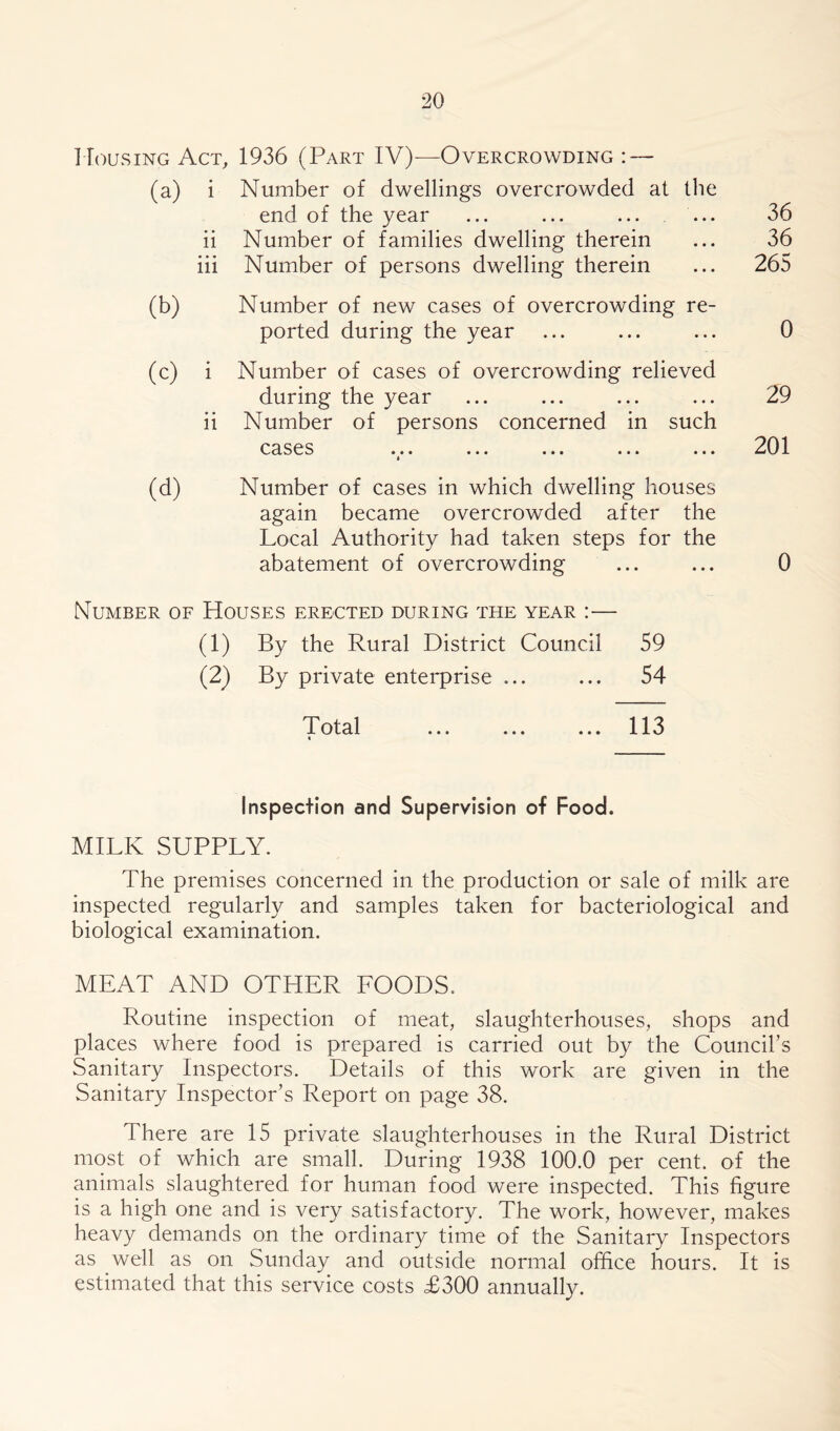 Housing Act, 1936 (Part IV)—Overcrowding : — (a) i Number of dwellings overcrowded at the end of the year ... ... ... ... 36 ii Number of families dwelling therein ... 36 iii Number of persons dwelling therein ... 265 (b) Number of new cases of overcrowding re- ported during the year ... ... ... 0 (c) i Number of cases of overcrowding relieved during the year ... ... ... ... 29 ii Number of persons concerned in such cases 201 * (d) Number of cases in which dwelling houses again became overcrowded after the Local Authority had taken steps for the abatement of overcrowding ... ... 0 Number of Houses erected during the year :— (1) By the Rural District Council 59 (2) By private enterprise ... ... 54 Total ... ... ... 113 « Inspection and Supervision of Food. MILK SUPPLY. The premises concerned in the production or sale of milk are inspected regularly and samples taken for bacteriological and biological examination. MEAT AND OTHER FOODS. Routine inspection of meat, slaughterhouses, shops and places where food is prepared is carried out by the Council’s Sanitary Inspectors. Details of this work are given in the Sanitary Inspector’s Report on page 38. There are 15 private slaughterhouses in the Rural District most of which are small. During 1938 100.0 per cent, of the animals slaughtered for human food were inspected. This figure is a high one and is very satisfactory. The work, however, makes heavy demands on the ordinary time of the Sanitary Inspectors as well as on Sunday and outside normal office hours. It is estimated that this service costs £300 annually.