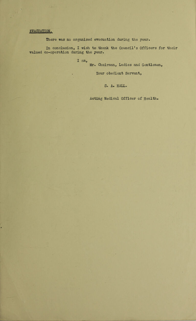 EVACUATION There was no organised evacuation during the year. In conclusion, I wish to thank the Council's Officers for their valued co-operation during the year. I am, Mr. Chairman, Ladies and Gentlemen, Your obedient Servant, S. A. HALL. Acting Medical Officer of Health