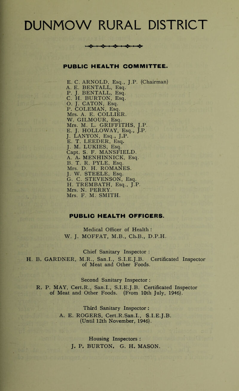 <» PUBLIC HEALTH COMMITTEE. E. C. ARNOLD, Esq., J.P. (Chairman) A. E. BENTALL, Esq. P. J. BENTALL, Esq. C. H. BURTON, Esq. O. J. CATON, Esq. P. COLEMAN, Esq. Mrs. A. E. COLLIER. W. GILMOUR, Esq. Mrs. M. L. GRIFFITHS, J.P. E. J. HOLLOWAY, Esq., J.P. J. LANYON, Esq., J.P. E. T. LEEDER, Esq. J. M. LUKIES, Esq. Capt. S. F. MANSFIELD. A. A. MENHINNICK, Esq. B. T. R. PYLE, Esq. Mrs. D. H. ROMANES. J. W. STEELE, Esq. G. C. STEVENSON, Esq. H. TREMBATH, Esq., J.P. Mrs. N. PERRY. Mrs. F. M. SMITH. PUBLIC HEALTH OFFICERS. Medical Officer of Health : W. J. MOFFAT, M.B., Ch.B., D.P.H. Chief Sanitary Inspector : H. B. GARDNER, M.R., San.I., S.I.E.J.B. Certificated Inspector of Meat and Other Foods. Second Sanitary Inspector : R. P. MAY, Cert.R., San.I., S.I.E.J.B. Certificated Inspector of Meat and Other Foods. (From 10th July, 1946). Third Sanitary Inspector: A. E. ROGERS, Cert.R.San.I., S.I.E.J.B. (Until 12th November, 1946). Housing Inspectors : J. P. BURTON. G. H. MASON.