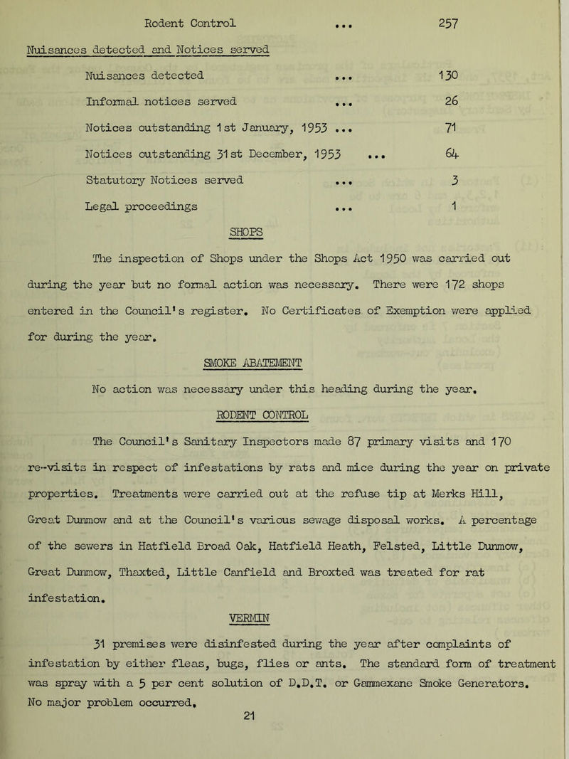 Rodent Control • • • 257 Nuisances detected and Notices served Nuisances detected ... 130 Informal notices served ... 26 Notices outstanding 1st January, 1953 ... 71 Notices outstanding 31st December, 1953 ... 64 Statutory Notices served ... 3 Legal proceedings ... 1 SHOPS The inspection of Shops under the Shops Act 1950 was carried out during the year but no formal action was necessary. There were 172 shops entered in the Council’s register. No Certificates of Exemption were applied for during the year, SMOKE ABATEMENT No action was necessary under this heading during the year, RODENT CONTROL The Council’s Sanitary Inspectors made 87 primary visits and 170 re-visits in respect of infestations by rats and mice during the year on private properties. Treatments were carried out at the refuse tip at Merks Hill, Great Dunmow and at the Council's various sewage disposal works. A percentage of the sewers in Hatfield Broad Oak, Hatfield Heath, Felsted, Little Dunmow, Great Dunmow, Thaxted, Little Canfield and Broxted was treated for rat infestation. VERMIN 31 premises were disinfested during the year after complaints of infestation by either fleas, bugs, flies or ants. The standard form of treatment was spray with a 5 per cent solution of D.D.T. or Gammexane Smoke Generators. No major problem occurred.