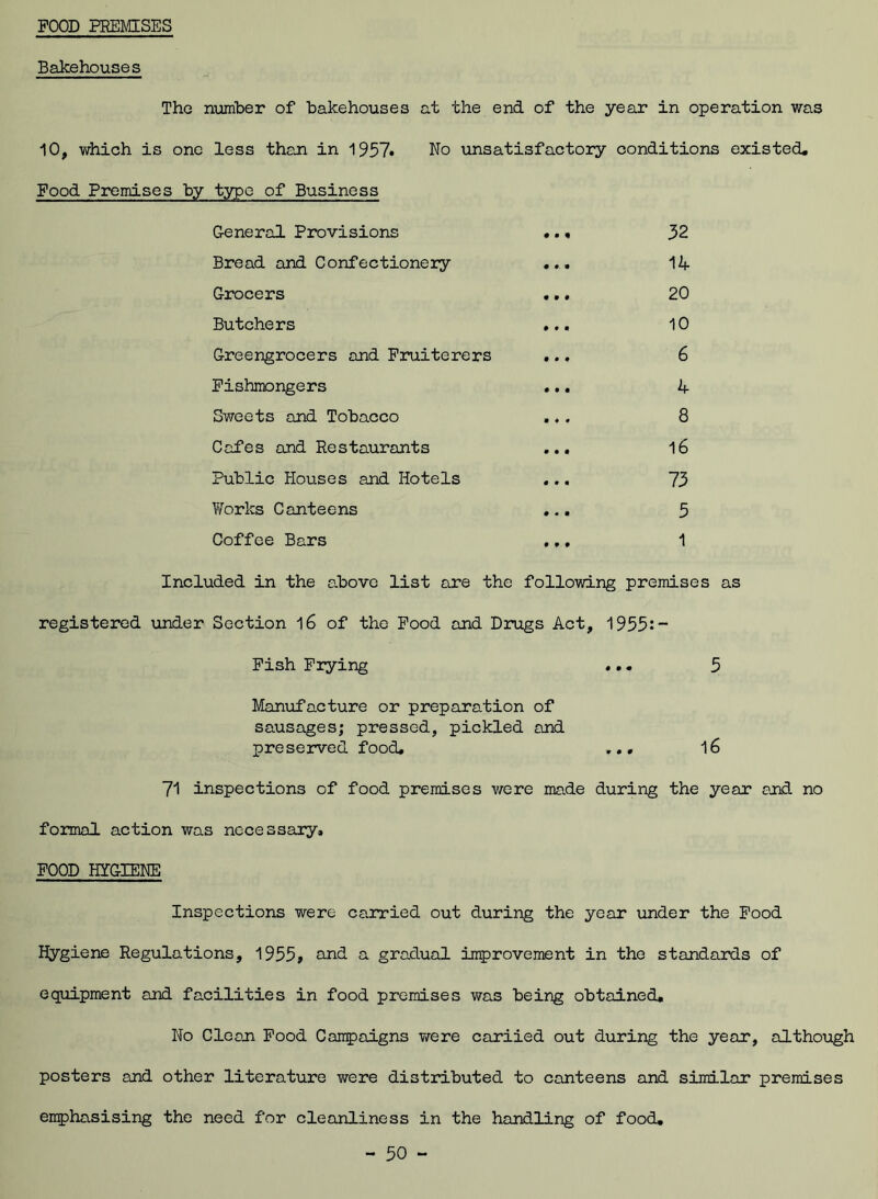 POOD PREMISES Bakehouses The number of bakehouses at the end of the year in operation was 10, which is one less than in 1957* No unsatisfactory conditions existed. Food Premises by typo of Business General Provisions ... 32 Bread and Confectionery ... 14 Grocers • • • 20 Butchers ... 10 Greengrocers and Fruiterers ... 6 Fishmongers ... 4 Sweets and Tobacco ... 8 Cafes and Restaurants ... 16 Public Houses and Hotels ... 73 Works Canteens ... 5 Coffee Bars ... 1 Included in the above list are the following premises as registered under Section 16 of the Food and Drugs Act, 1955:- Fish Frying ... 5 Manufacture or preparation of sausages; pressed, pickled and preserved food, ... 16 71 inspections of food premises were made during the year end no formal action was necessary* FOOD HYGIENE Inspections were carried out during the year under the Food Hygiene Regulations, 1955» and a gradual improvement in the standards of equipment and facilities in food premises was being obtained. No Clean Food Campaigns were cariied out during the year, although posters and other literature were distributed to canteens and similar premises emphasising the need for cleanliness in the handling of food.