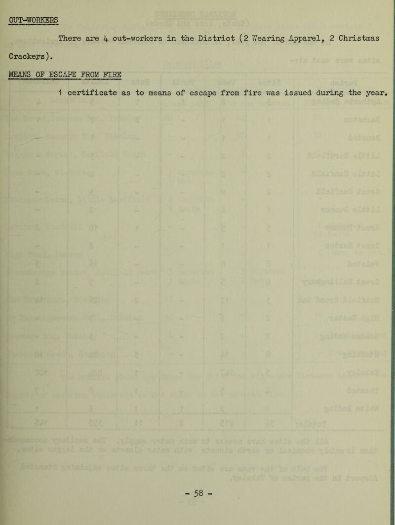 OUT-WORKERS There are 4 out-?rorkers in the District (2 Wearing Apparel, 2 Christmas Crackers). MEANS OF ESCAPE FROM EIRE 1 certificate as to means of escape from fire was issued during the year.