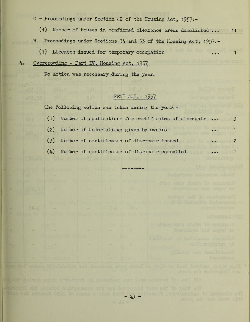 11 G- - Proceedings under Section 42 of the Housing Act, 1957: — (l) Number of houses in confirmed clearance areas demolished ... H - Proceedings under Sections 34 and 33 of the Housing Act, 1957:— (l) Licences issued for temporary occupation ... 1 4. Overcrowding - Part TV, Housing Act, 1937 No action was necessary during the year. RENT ACT, 1937 The following action was taken during the year:- (1) Number of applications for certificates of disrepair ... (2) Number of Undertakings given by owners ... (3) Number of certificates of disrepair issued ... (4) Number of certificates of disrepair cancelled ... 3 1 2 1