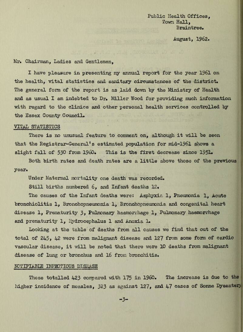 Public Health Offices, Town Hall, Braintree, August, 1962, Mr, Chairman, Ladies and Gentlemen, I have pleasure in presenting my annual report for the year 1961 on the health, vital statistics and sanitary circumstances of the district. The general form of the report is as laid down by the Ministry of Health and as usual I am indebted to Dr, Miller Wood for providing much information with regard to the clinics and other personal health services controlled by the Essex County Council, VITAL STATISTICS There is no unusual feature to comment on, although it will be seen that the Registrar-General's estimated population for mid-196l shows a slight fall of 530 from I960, This is the first decrease since 1951* Both birth rates and death rates are a little above those of the previous year. Under Maternal mortality one death was recorded. Still births numbered 6, and Infant deaths 12, The causes of the Infant deaths were: Asphyxia 1, Pneumonia 1, Acute bronchiolitis 1, Bronchopneumonia 1, Bronchopneumonia and congenital heart disease 1, Prematurity 3, Pulmonary haemorrhage 1, Pulmonary haemorrhage and prematurity 1, Hydrocephalus 1 and Anoxia 1. Looking at the table of deaths from all causes we find that out of the total of 245, 42 were from malignant disease and 127 from some form of cardio vascular disease, it will be noted that there were 10 deaths from malignant disease of lung or bronchus and 16 from bronchitis. NOTIFIABLE INFECTIOUS DISEASE These totalled 423 oompared with 175 in I960. The increase is due to the higher incidence of measles, 323 as against 127, and 47 cases of Sonne Dysentery -3-