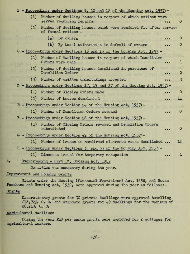 B - Proceedings under Sections 9. 10 and 12 of the Housing Act, 1957 (X) Number of dwelling houses in respect of which notices were (2) Number of dwelling houses which were rendered fit after service of formal notices (a) By owners ... 0 (b) By Local Authorities in default of owners ... 0 C - Proceedings under Sections 16 and 23 of the Housing Act, 1957;- (1) Number of dwelling houses in respect of which Demolition Orders were made ... 1 (2) Number of dwelling houses demolished in pursuance of Demolition Orders ... 0 (3) Number of written undertakings accepted ... 3 D - Proceedings under Sections 17. 19 and 27 of the Housing Act, 1957^- (1) Number of Closing Orders made ... 0 (2) Number of houses demolished ... 11 E - Proceedings under Section 24 of the Housing Act, 1957?- (l) Number of Demolition Orders revoked ... 0 P - Proceedings under Section 28 of the Housing Act, 1957s- (l) Number of Closing Orders revoked and Demolition Orders substituted ... 0 G - Proceedings under Section 42 of the Housing Act, 1957?- (l) Number of houses in confirmed clearance areas demolished ... 12 H - Proceedings under Sections 34 and 53 of* the Housing Act, 1957;- (l) Licences issued for temporary occupation ... 1 4* Overcrowding - Part IV, Housing Act, 1957 No action was necessary during the year. Improvement and Housing Grants Grants under the Housing (Financial Provisions) Act, 1958? and House Purchase and Housing Act, 1959? were approved during the year as follows:- Grants Discretionary grants for 70 private dwellings were approved totalling £18,723* 0. 0. and standard grants for 49 dwellings for the maximum of £6,210. 0. 0. Agricultural dwellings During the year £10 per annum grants were approved for 2 cottages for agricultural workers. -36-