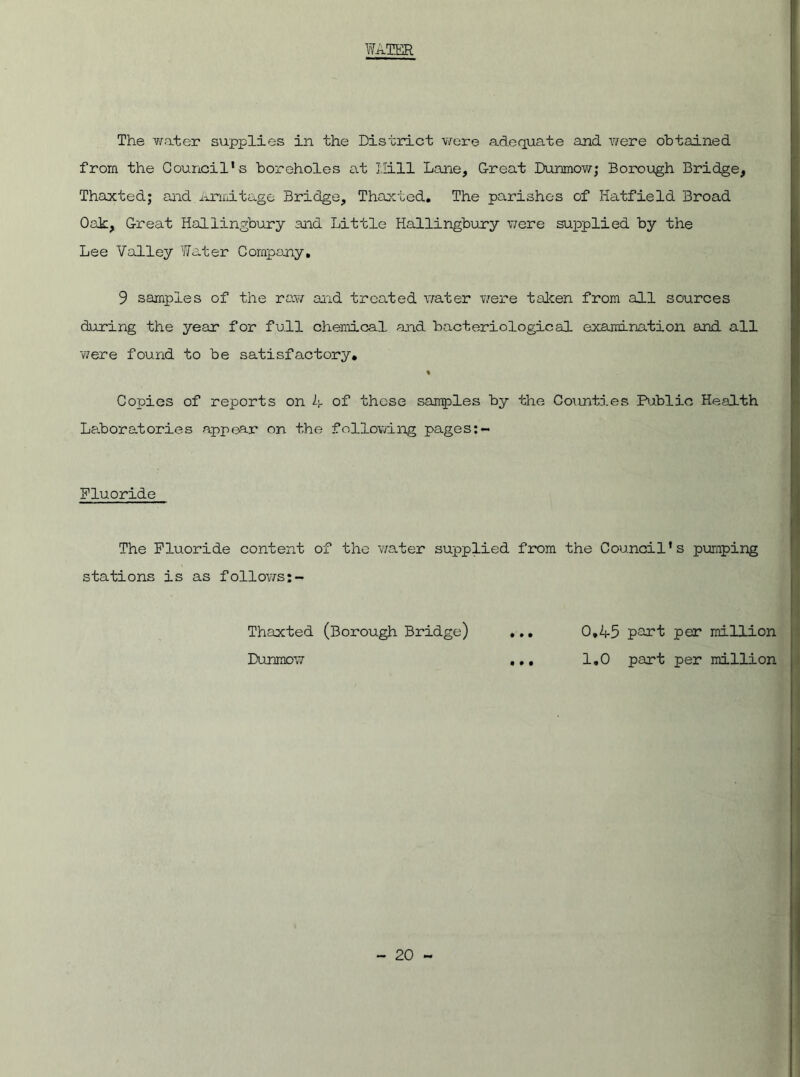 WATER The water supplies in the District were adequate and were obtained from the Council’s boreholes at Hill Lane, Great Dunmow; Borough Bridge, Thaxted; and Armitage Bridge, Thaxted. The parishes of Hatfield Broad Oak:, Great Hallingbury and Little Hallingbury were supplied by the Lee Valley Water Company. 9 samples of the ray/ and treated water were taken from all sources during the year for full chemical and bacteriological examination and all v?ere found to be satisfactory. % Copies of reports on 4 of these samples by the Counties Public Health Laboratories appear on the following pages:- Fluoride The Fluoride content of the water supplied from the Council's pumping stations is as follows:- Thaxted (Borough Bridge) Dunmow • • • 0,45 part per million 1.0 part per million