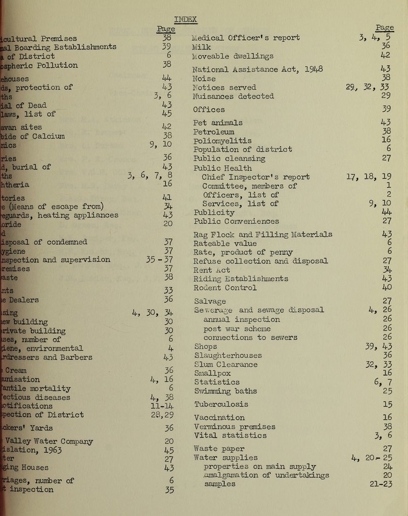 INDEX [cultural Premises Page 38 pal Boarding Establishments 39 a of District 6 ospheric Pollution 38 ehouses 44 ds, protection of 43 ths 3, 6 ial of Dead 43 laws, list of 45 avan sites 42 bide of Calcium 38 nics 9, 10 ries 36 d, burial of 43 ths 3, 6, 7, 8 htheria 16 tories 41 e (leans of escape from) 34 eguards, heating appliances 43 .oride 20 d isposal of condemned 37 ygiene 37 nspection and supervision 35-37 remises 37 raste 38 nts 33 le Dealers 36 .sing 4, 30, 34 Lew building 30 rivate building 30 .ses, number of 6 ;iene, environmental 4 .rdressers and Barbers 43 i Cream 36 lunisation 4, 16 'antile mortality 6 'ectious diseases 4, 38 .otifications 11-14 ipection of District 28,29 ■deers' Yards 36 Valley Water Company 20 islation, 1963 45 ter 27 ging Houses 43 riages, numiber of 6 t inspection 35 .Page Medical Officer* s report 3, 4, 5 Milk 36 Moveable dwellings 42 National Assistance Act, 1948 43 Noise 38 Notices served 29/ 32 , 33 Nuisances detected 29 Offices 39 Pet animals 43 Petroleum 38 Poliomyelitis 16 Population of district 6 Public cleansing 27 Public Health Chief Inspector's report 17, 18, 19 Committee, members of 1 Officers, list of 2 Services, list of 9, 10 Publicity 44 Public Conveniences 27 Rag Flock and Filling Materials 43 Rateable value 6 Rate, product of penny 6 Refuse collection and disposal 27 Rent Act 34 Riding Establishments 43 Rodent Control 40 Salvage 27 Sewerage and sewage disposal 4, 26 annual inspection 26 post war scheme 26 connections to sewers 26 Shops 39, 43 Slaughterhouses 36 Slum Clearance 32, 33 Smallpox 16 Statistics 6, 7 Swimming baths 25 Tuberculosis 15 Vaccination 16 Verminous premises 38 Vital statistics 3, 6 Waste paper 27 Water supplies 4, 20-25 properties on main supply 24 .amalgamation of undertakings 20 samples 21-23