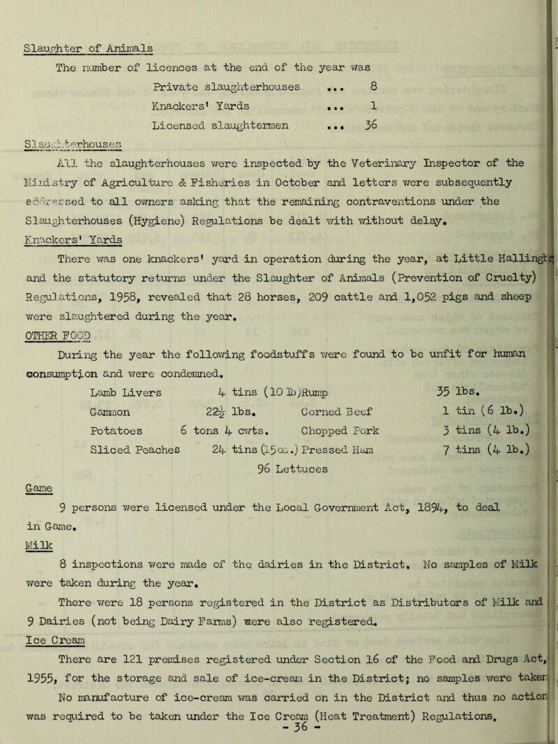 was Slaughter of Animals The number of licences at the end of the year Privat e slaughterhous e s ... Knackers’ Yards ... Licensed slaughtermen ... 8 1 36 Slauuht chouses All the slaughterhouses were inspected by the Veterinary Inspector of the Ministry of Agriculture & Fisheries in October and letters were subsequently addceased to all owners asking that the remaining contraventions under the Slaughterhouses (Hygiene) Regulations be dealt with without delay. Knackers1 Yards There v/as one knackers’ yard in operation during the year, at Little Hallingtr; and the statutory returns under the Slaughter of Animals (Prevention of Cruelty) Regulations, 1958, revealed that 28 horses, 209 cattle and 1,052 pigs and sheep were slaughtered during the year. OTHER FOOD During the year the following foodstuffs were found to be unfit for human consumption and were condemned. Lamb Livers 4 tins (lOIbJRump 35 lbs. Gammon 22^- lbs. Corned Beef 1 tin (6 lb.) Potatoes 6 tons 4 cwts. Choioped Pork Sliced Peaches 24 tins (l5oa.) Pressed Ham 96 Lettuces 3 tins (4 lb.) 7 tins (4 lb.) Game 9 persons were licensed under the Local Government Act, 1894, to deal in Game, Milk 8 inspections were made of the dairies in the District. No samples of Milk were taken during the year. There were 18 persons registered in the District as Distributors of Milk and 9 Dairies (not being Dairy Farms) were also registered. Ice Cream There are 121 premises registered under Section 16 of the Food and Drugs Act, 1955, for the storage and sale of ice-cream in the District; no samples were taker. No manufacture of ice-cream was carried on in the District and thus no action was required to be taken under the Ice Cream (Heat Treatment) Regulations,
