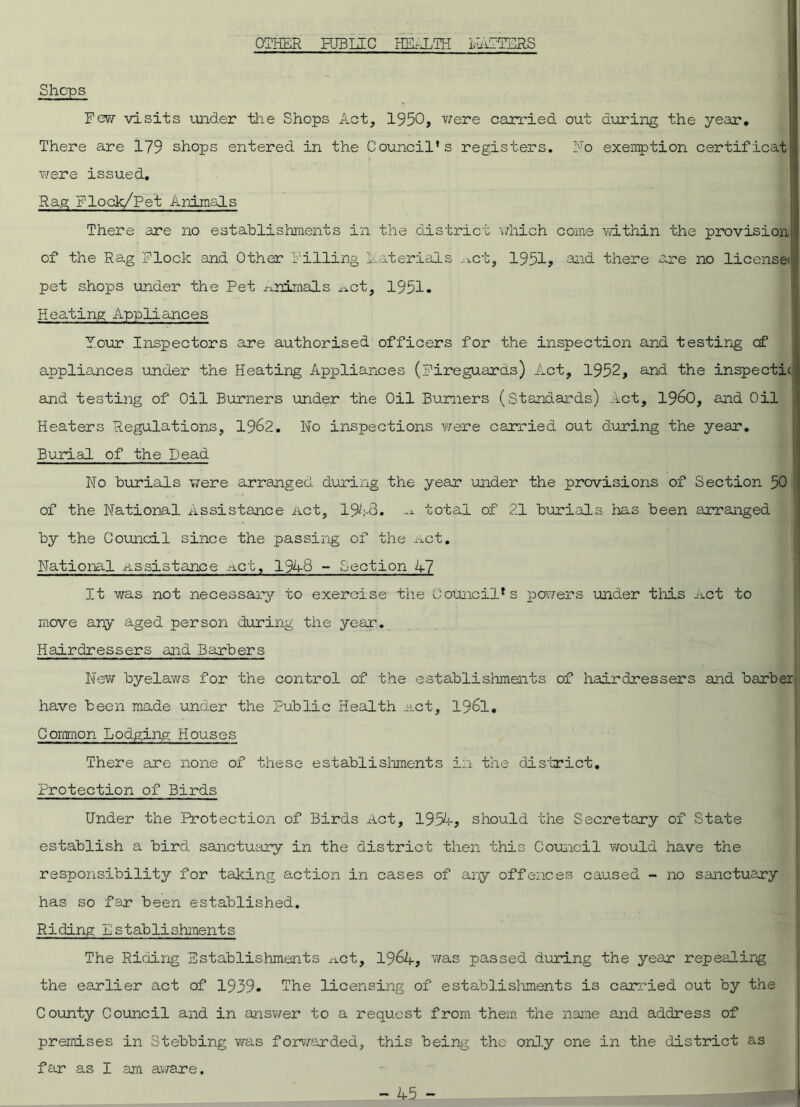 OTHER HJBIIC HEALTH NATTERS Shops Few visits under the Shops Act, 1950, v/ere carried out during the year. There are 179 shops entered in the Council’s registers. No exemption certificat were issued. Rag Flock/Pet Animals There are no establishments in the district which come within the provision of the Rag Flock and Other Filling materials .^ct, 1951? and there are no licensee pet shops under the Pet animals xict, 1951. Heating Appliances Four Inspectors are authorised officers for the inspection and testing cf appliances under the Heating Appliances (Fireguards) Act, 1952, and the inspects and testing of Oil Burners under the Oil Burners (Standards) Act, I960, and Oil Heaters Regulations, 1962. Wo inspections were carried out during the year. . Burial of the Dead No burials were arranged during the year under the provisions of Section 50 of the National Assistance Act, 1943. ^ total of 21 burials has been arranged by the Council since the passing of the act. National assistance .act, 1948 - Section 47 It was not necessary to exercise the Council* s powers under this Act to move any aged person during the year. Hairdressers and Barbers New byelaws for the control of the establishments of hairdressers and barber have been made under the Public Health act, 1961. Common Lodging Houses There are none of these establishments in the district. Protection of Birds Under the Protection of Birds Act, 1954? should the Secretary of State establish a bird sanctuary in the district then this Council would have the responsibility for taking action in cases of any offences caused - no sanctuary . has so far been established. Riding Establishments The Riding Establishments .act, 1964, was passed during the year repealing the earlier act of 1939. The licensing of establishments is carried out by the County Council and in answer to a request from them the name and address of premises in Stebbing was forwarded, this being the only one in the district as far as I .am aware.