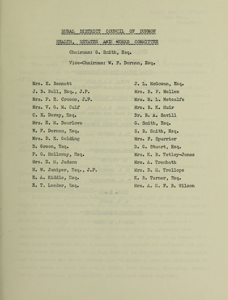 HEALTH, ESTATES ANg -WORKS COlffigT^E Chairman: G. Snith, Esq. Vice-Chairman: W. F. Dorman, Esq. Mrs. E. Bennett J. B. Bull, Esq., J.P. Mrs. P. Eo Croome, J.P. Mrs. V. G. M. Culf C. E. Davey, Esq. Mrs. E. M. Dearlove W. F. Dorman, Esq. Mrs. D. E. Golding D. Green, Esq. P. G. Holloway, Esq. Mrs. E. M. Judson H. W. Juniper, Esq., J.P. E. A. Kiddle, Esq. E. To Leeder, Esq. J. L. McGowan, Esq. Mrs. B. F. Melien Mrs. M. L. Metcalfe Mrs. B. K. Muir Dr. B. A. Savill G. Smith, Esq. S. B. Smith, Esq. Mrs. F, Spurrier D. G. Stuart, Esq. Mrs. K. B. Tetley-Jones Mrs. A. Trembath Mrs. D. M. Trollope K. B. Turner, Esq. Mrs. A. M. F. B. Wilson